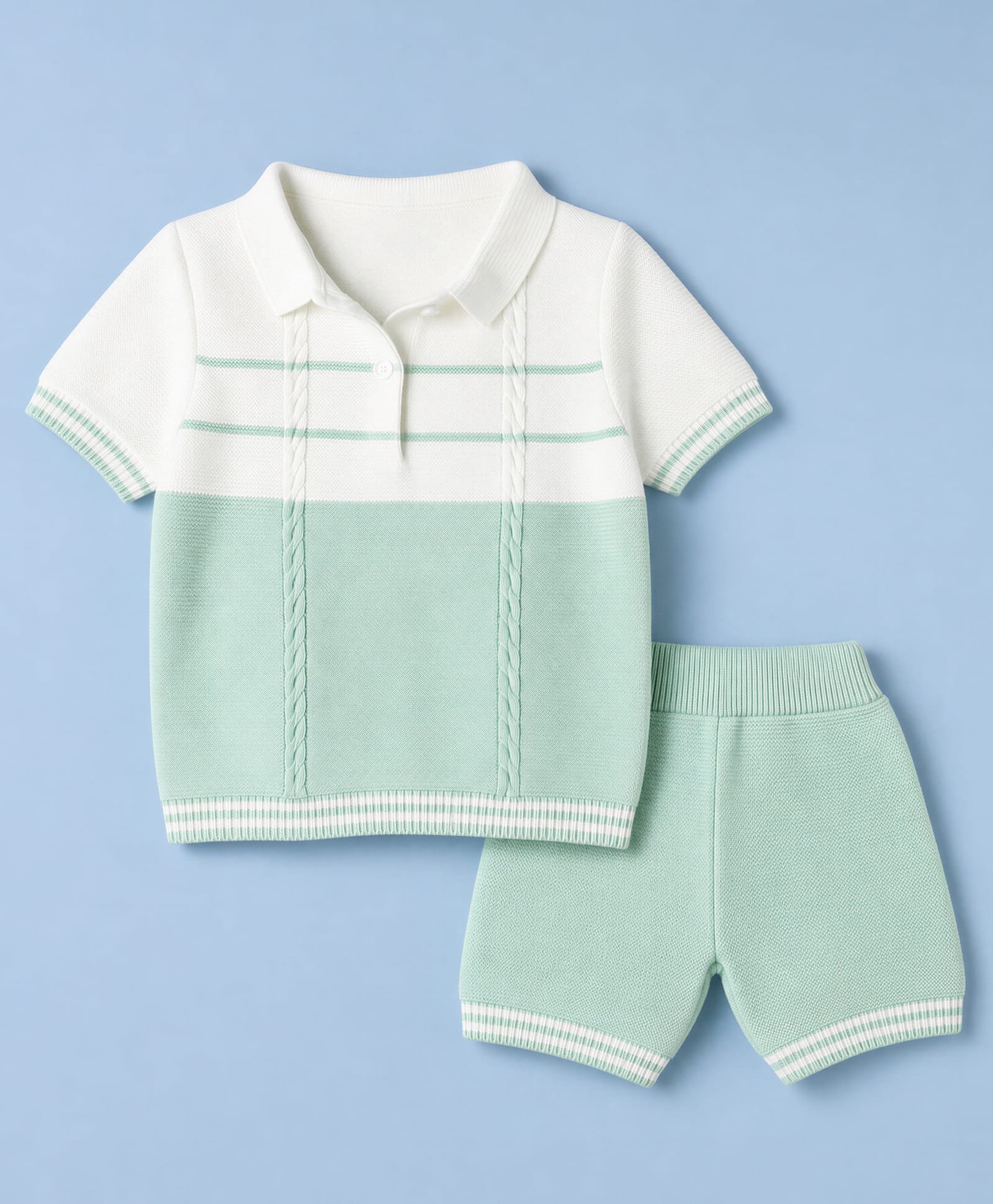 ToffyHouse Knit Half Sleeves Polo T-Shirt & Shorts Set with Colour Block & Cable Knit Design- White & Light Green-image-1