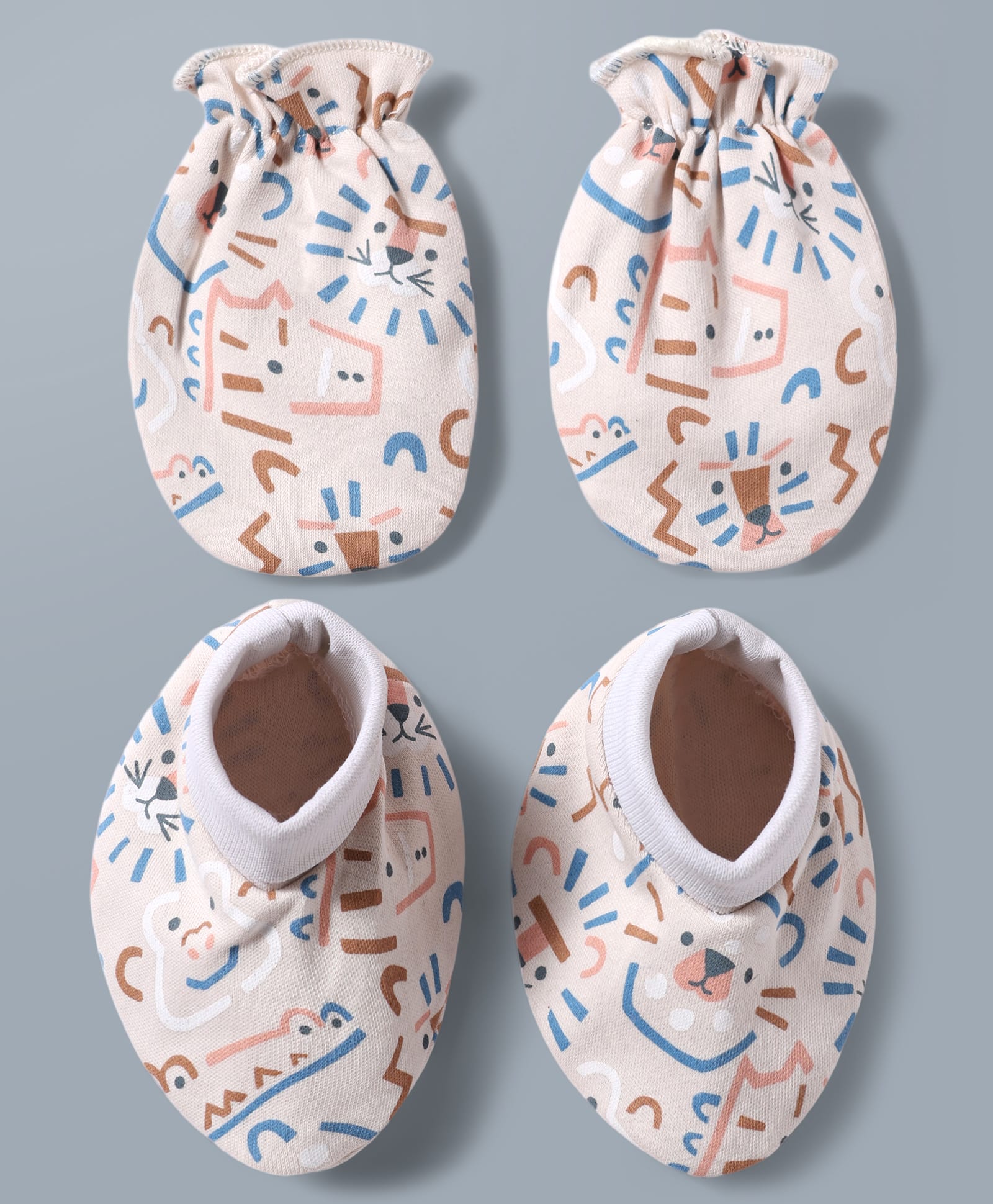 Babyhug 100% Cotton Knit Animals Printed Mittens & Booties Set - Multicolor-image-49