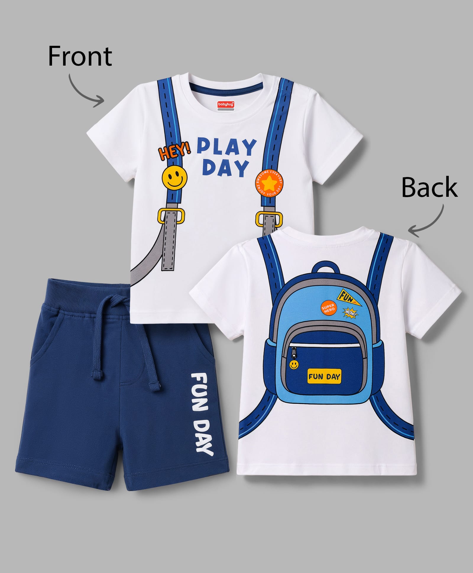 Babyhug 100% Cotton Knit Half Sleeves Backpack Printed T-Shirt & Shorts Set - White & Navy Blue-image-43