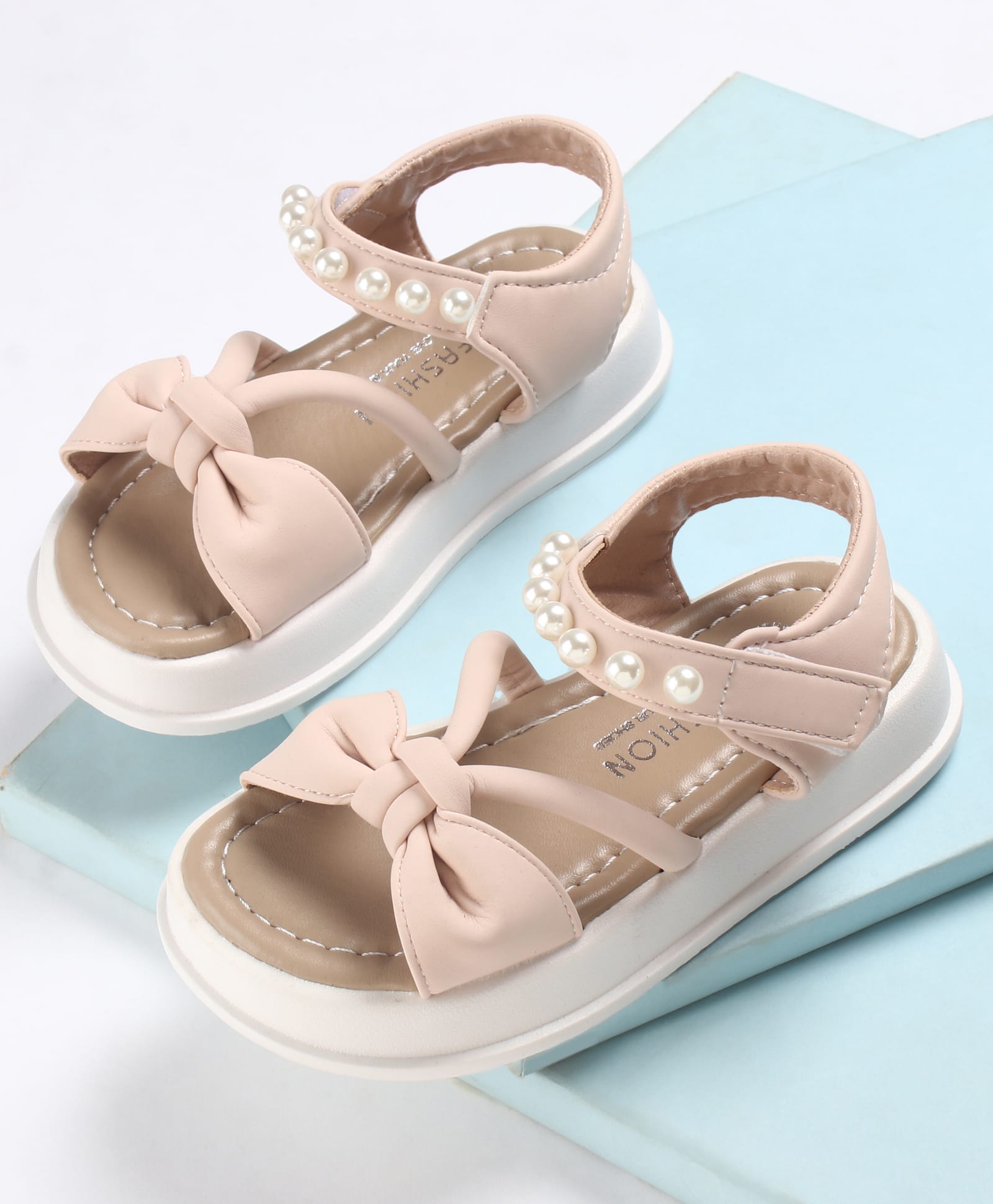 KIDLINGSS Pearl Embellished Bow Designed Velcro Closure Sandals - Light Pink-picture-24