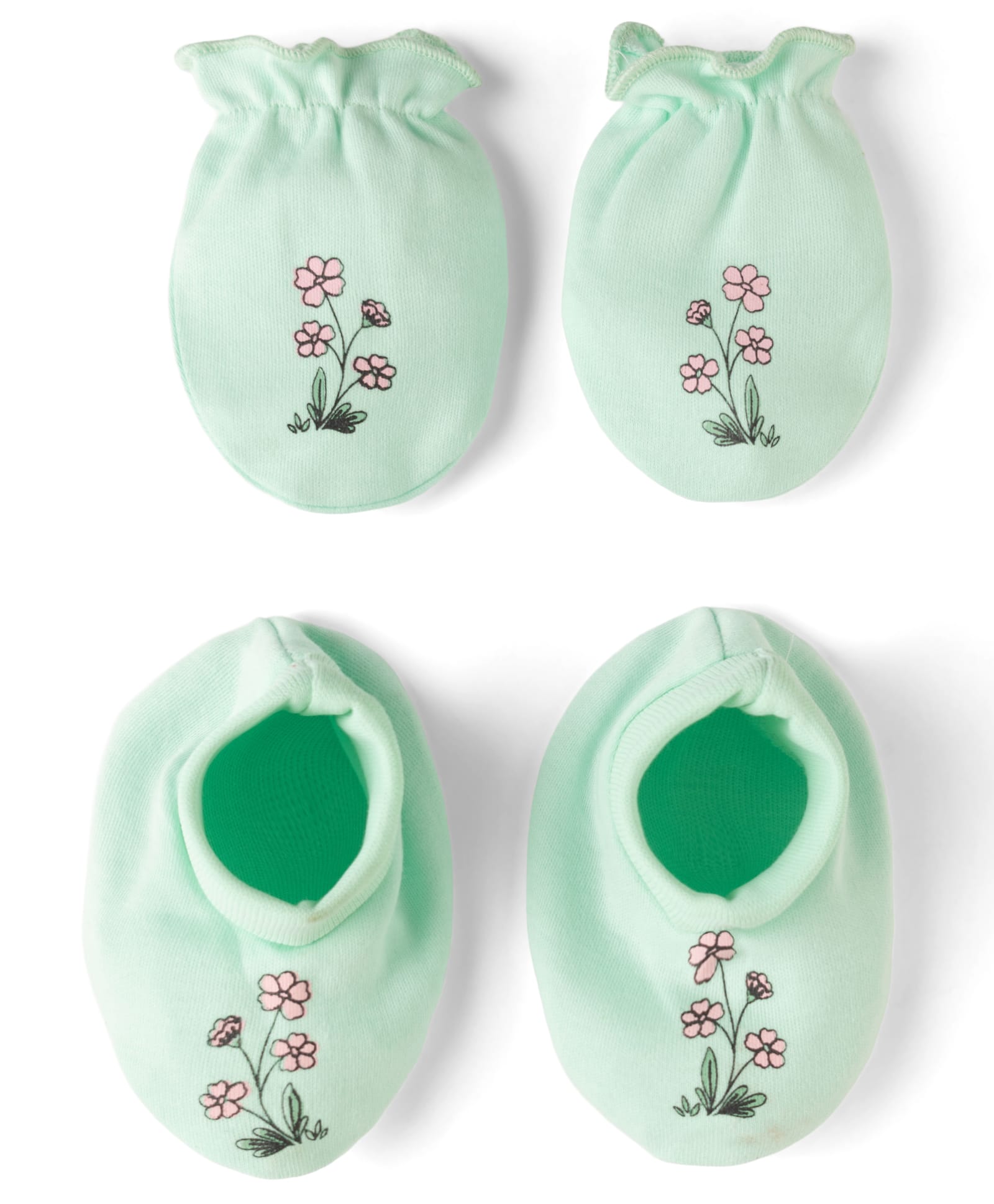 Babyhug 100% Cotton Iterlock Knit Mittens & Booties with Floral Print - Mint Green-image-8