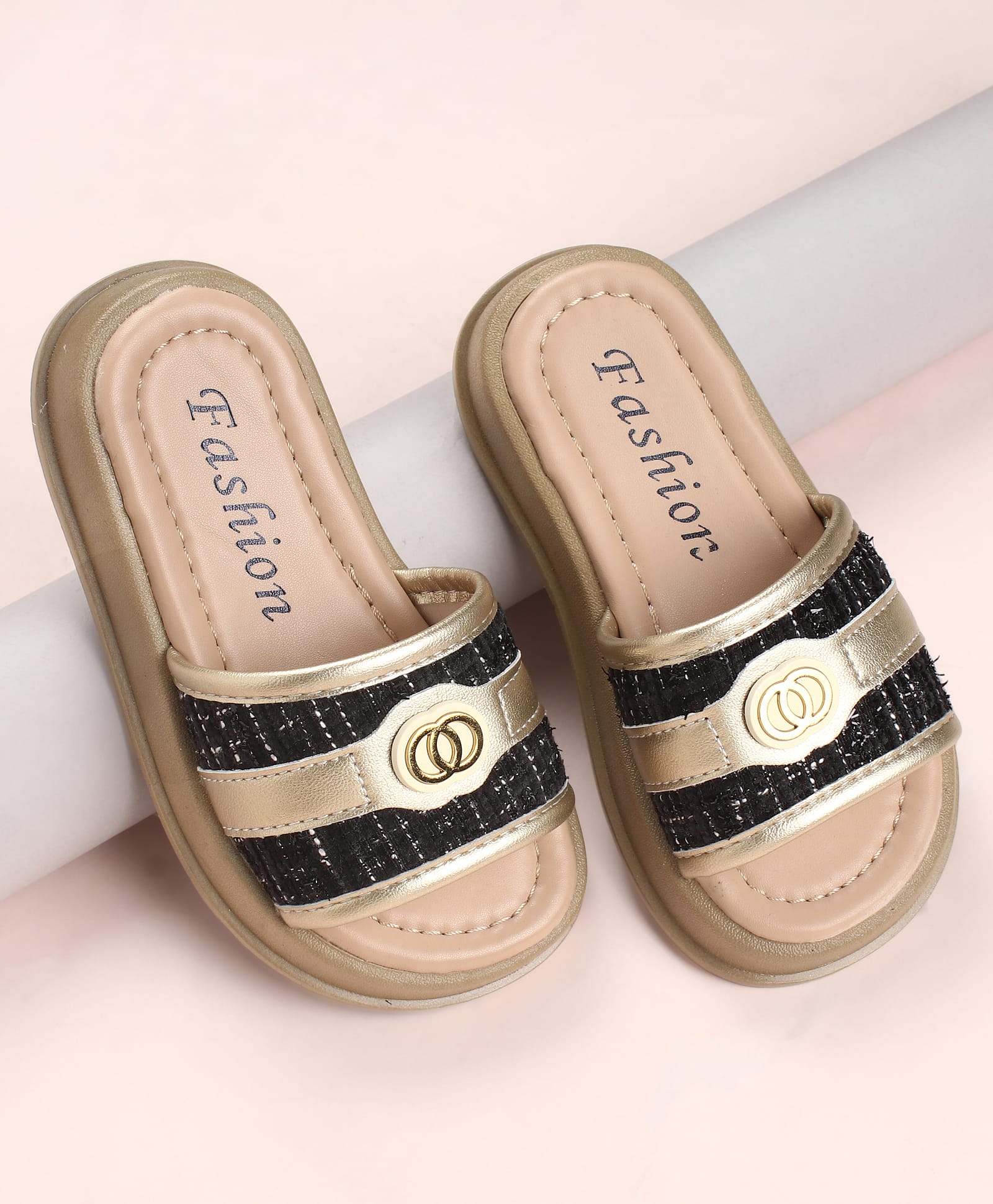 KIDLINGSS Geometric Applique Detailed Slip On Sandals - Golden-picture-21