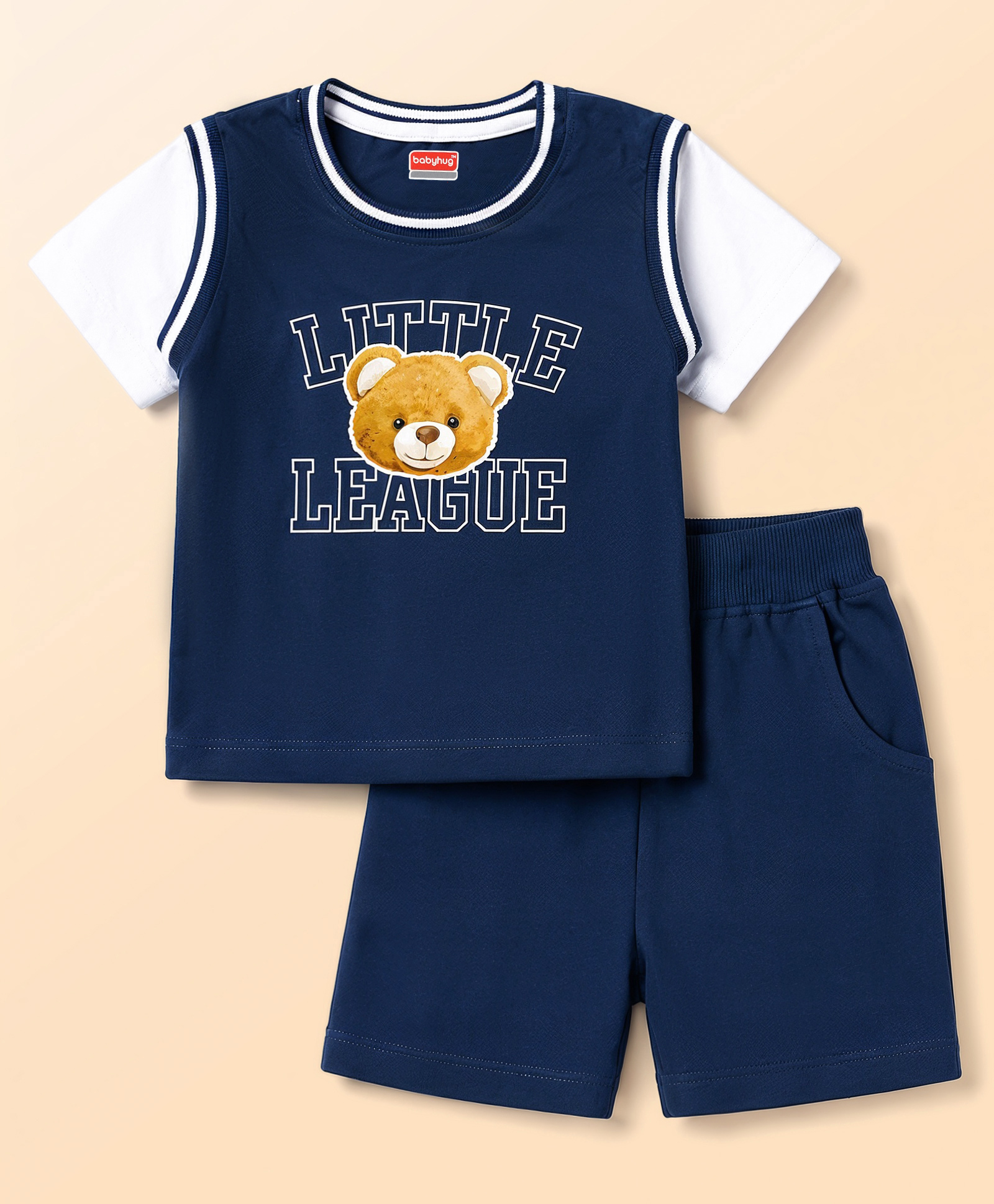 Babyhug Single Jersey Knit Half Sleeves Bear & Text Printed T-Shirt & Shorts Set - Navy-picture-34