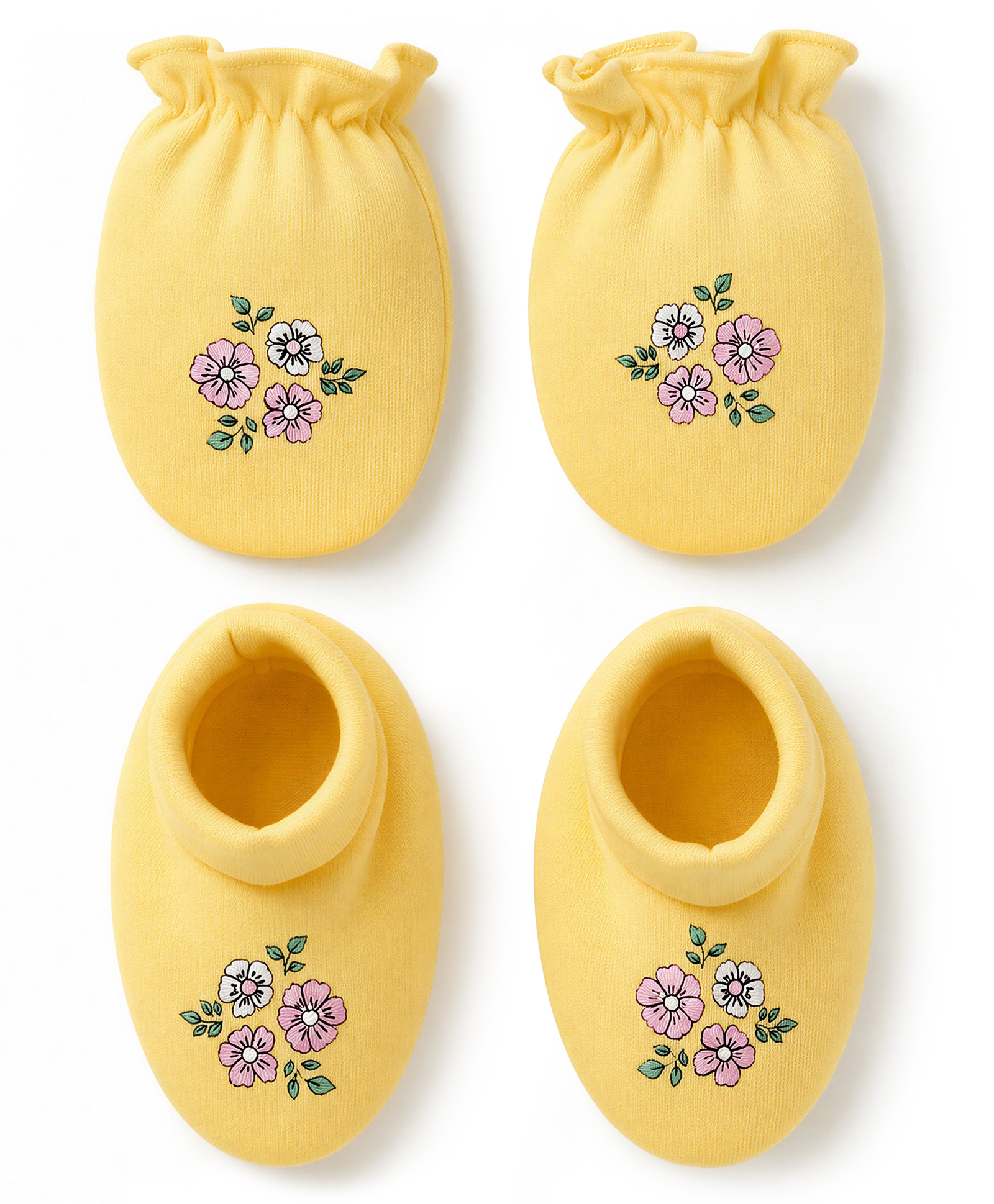 Babyhug 100% Cotton Knit Floral Printed Mittens & Booties - Yellow-image-36