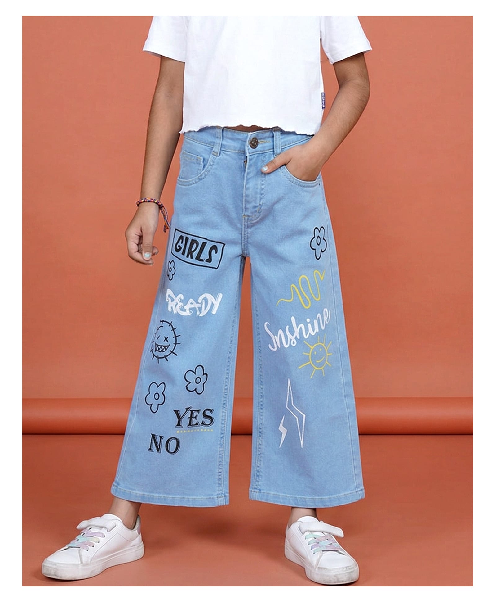 Kiddopanti Denim Woven Typography Printed Washed Jeans - Light Blue-picture-33