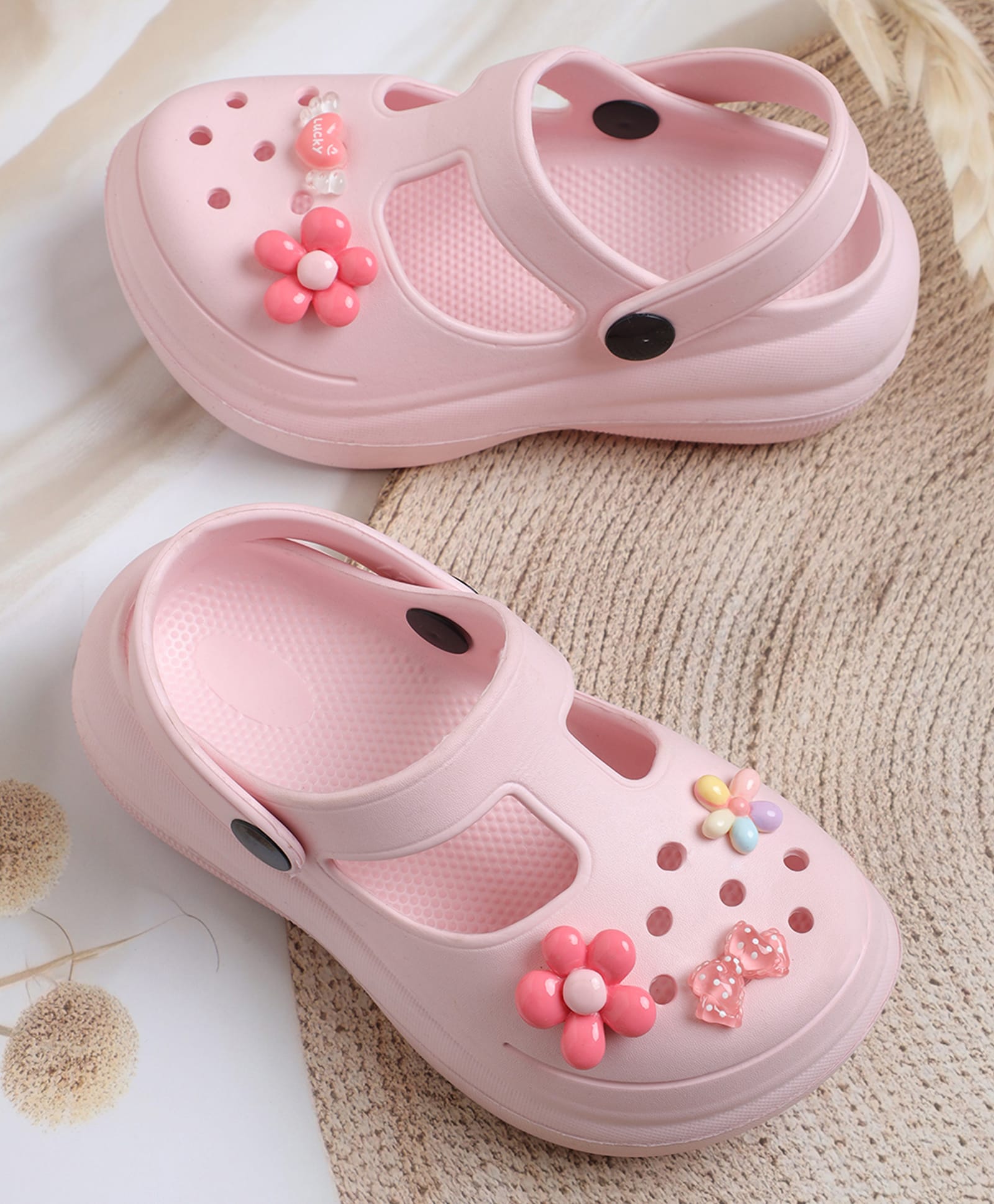 Kidsville Floral & Bow Applique Detailed Perforated Sling Back Clogs - Pink-image-43