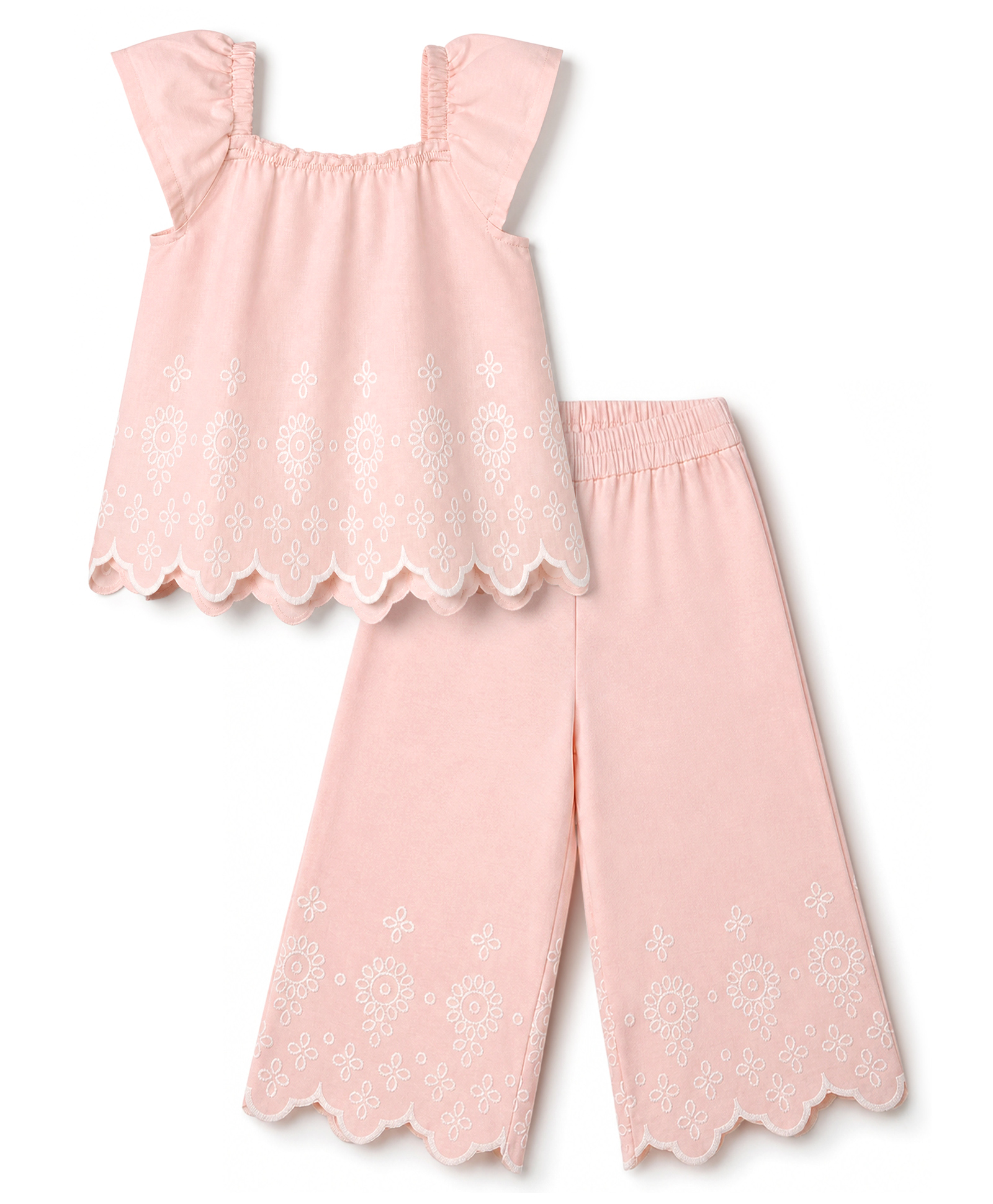 Babyoye Poplin Woven Half Sleeves Top & Pant Co-Ords Set With Schiffli Print - Pink-picture-24