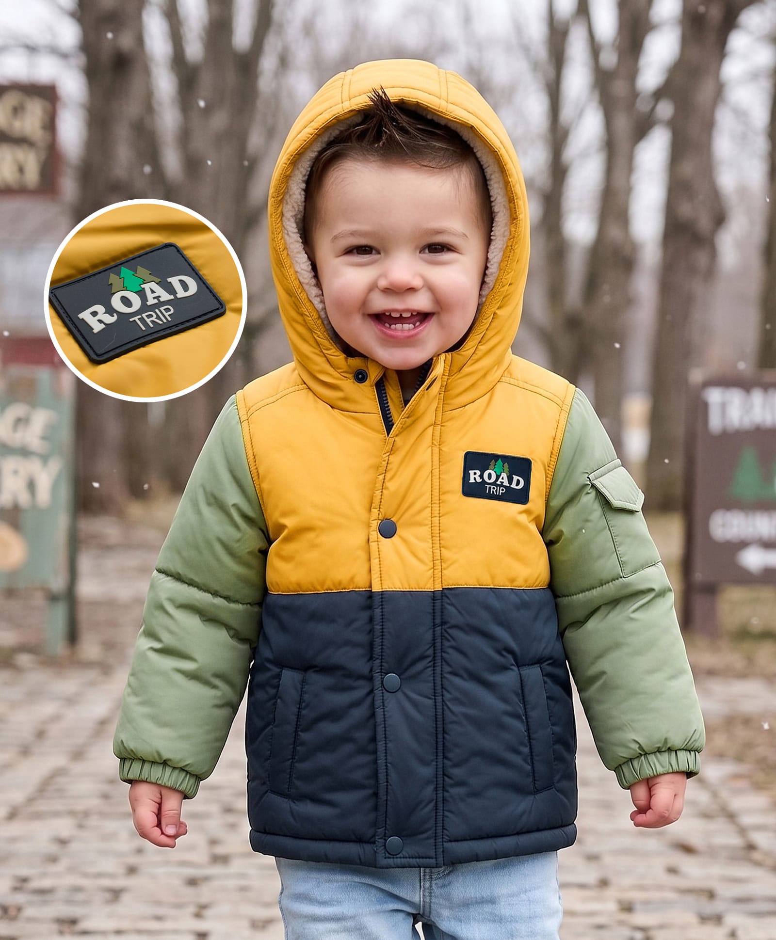 Babyhug Woven Full Sleeves Padded Hooded Jacket with Road Trip Patch -Yellow-image-48