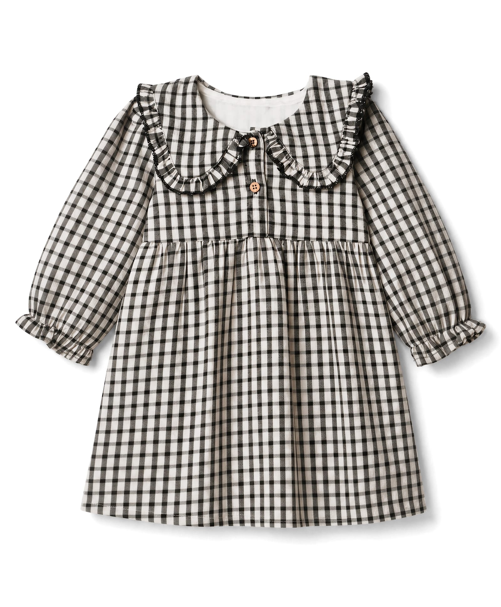 Bonfino Woven 100% Cotton Full Sleeves Y/D Checks Fit & Flare Dress With Collar and Frill Detail - Beige-picture-30
