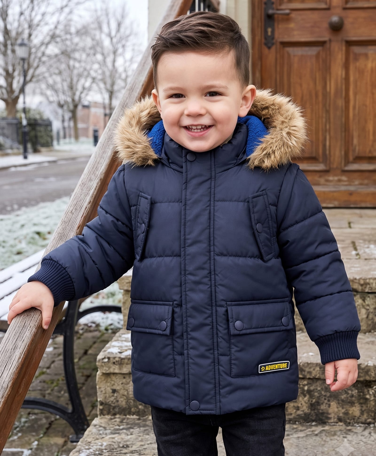 Babyhug Woven Full Sleeves Padded Quilted Jacket with Detachable Hood - Navy Blue-image-17