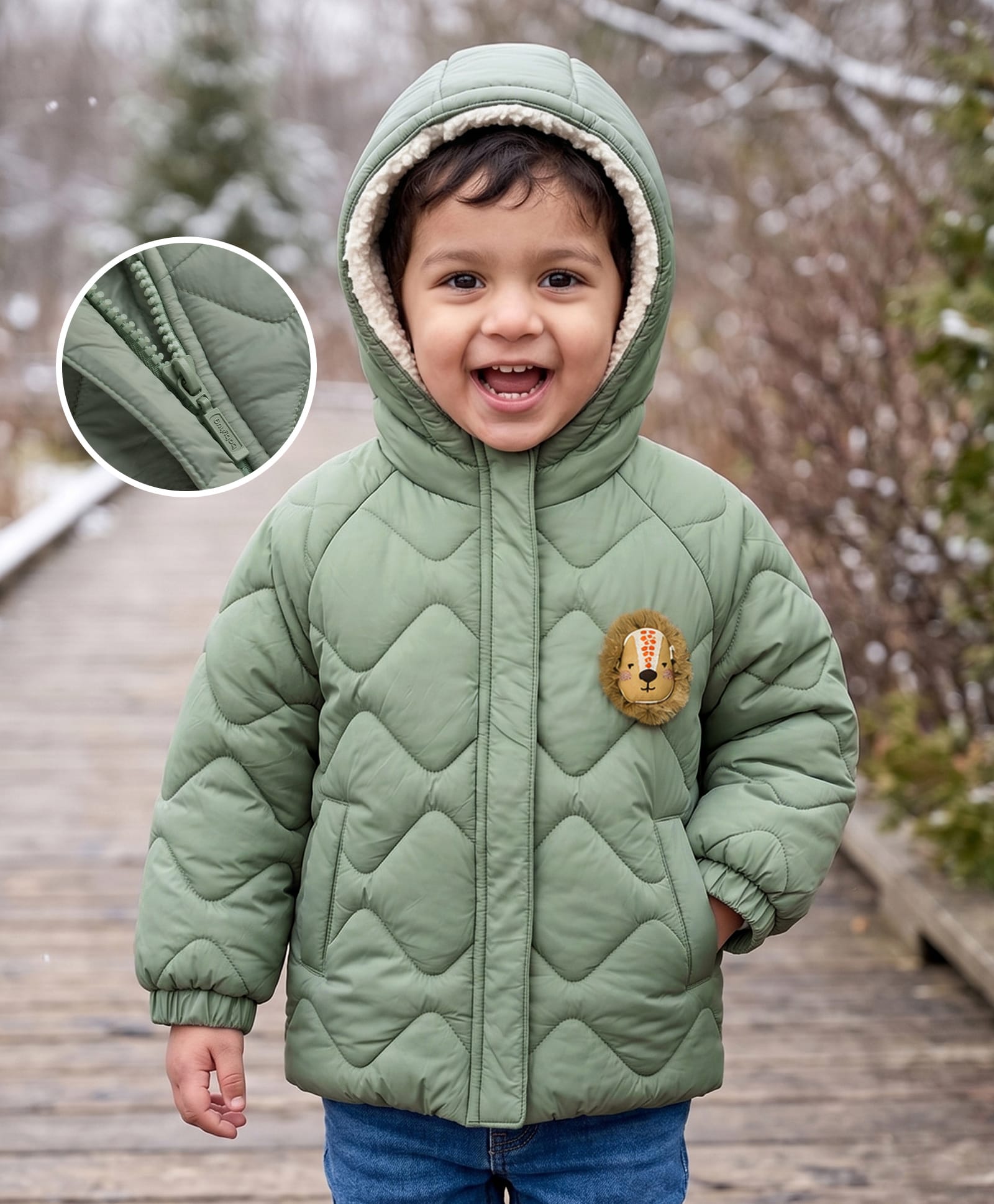 Babyhug Woven Full Raglan Sleeves Quilted Hooded Winter Jacket with Lion Patch - Olive-picture-21