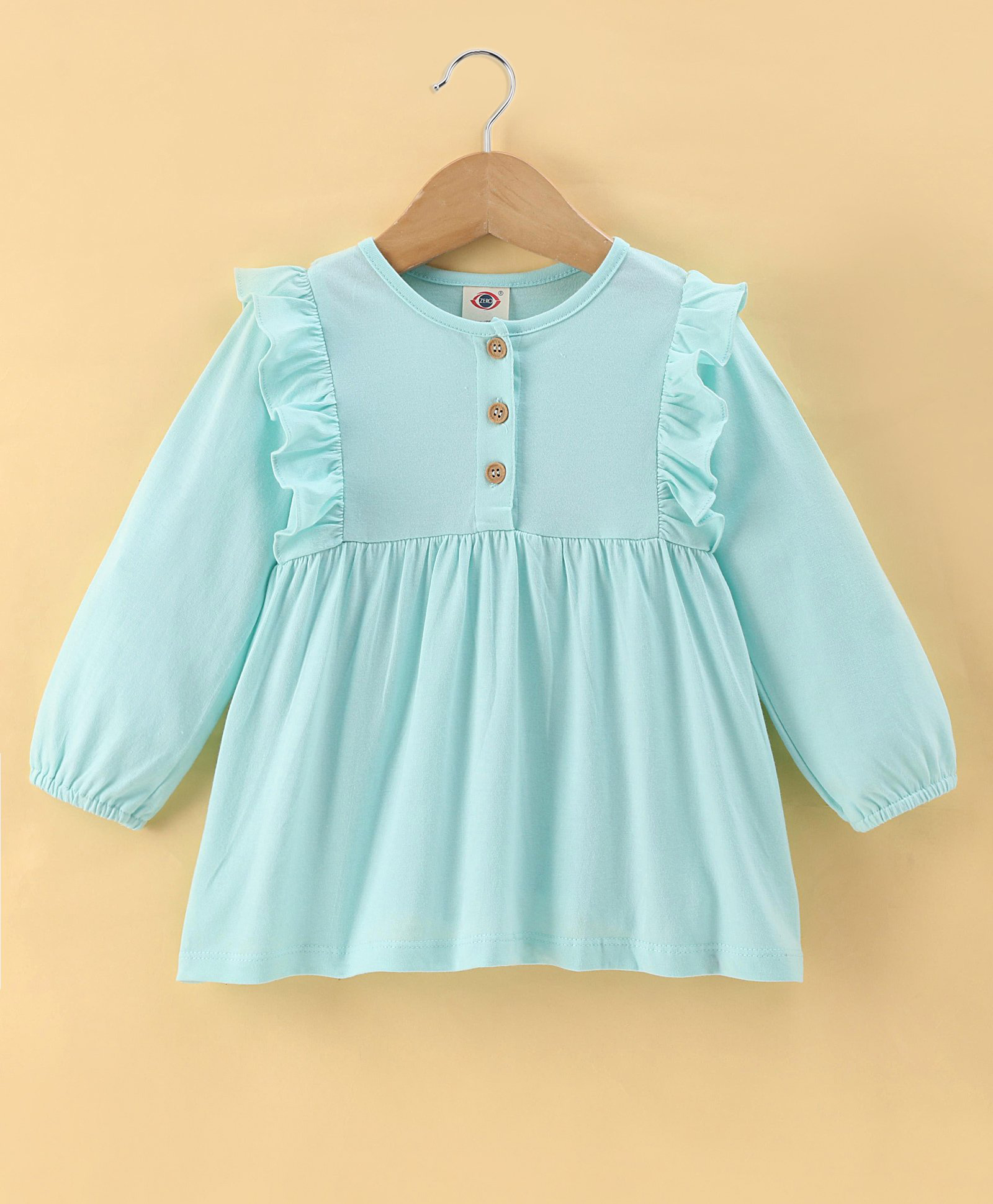 Zero Cotton Knit Full Sleeves Ruffled One Piece Dress Aqua Blue 6-12 Months L-picture-19