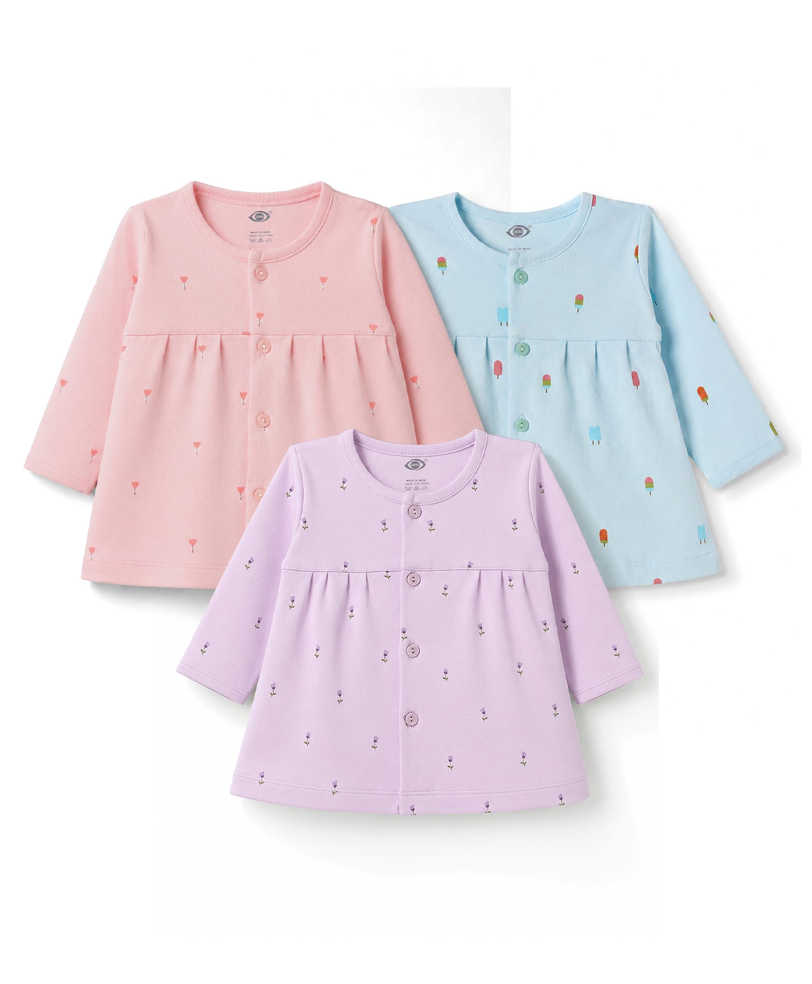 Zero Sinker Knit Full Sleeves Front Open Floral Printed Frocks Pack of 3 - Lilac Peach & Aqua-picture-16
