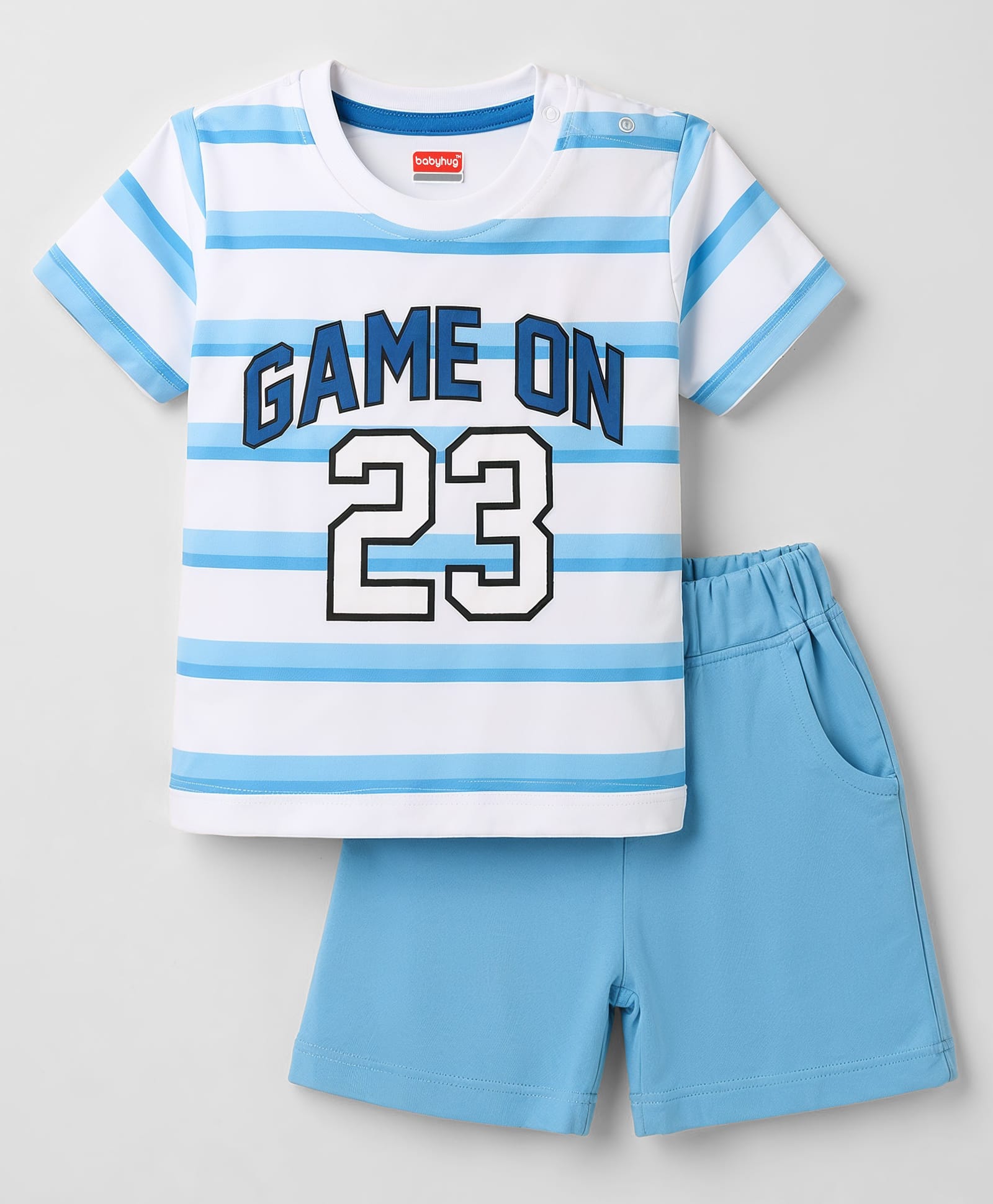 Babyhug 100% Cotton Knit Half Sleeves Striped & Text Printed T-Shirt & Shorts Set - Light Blue-picture-17