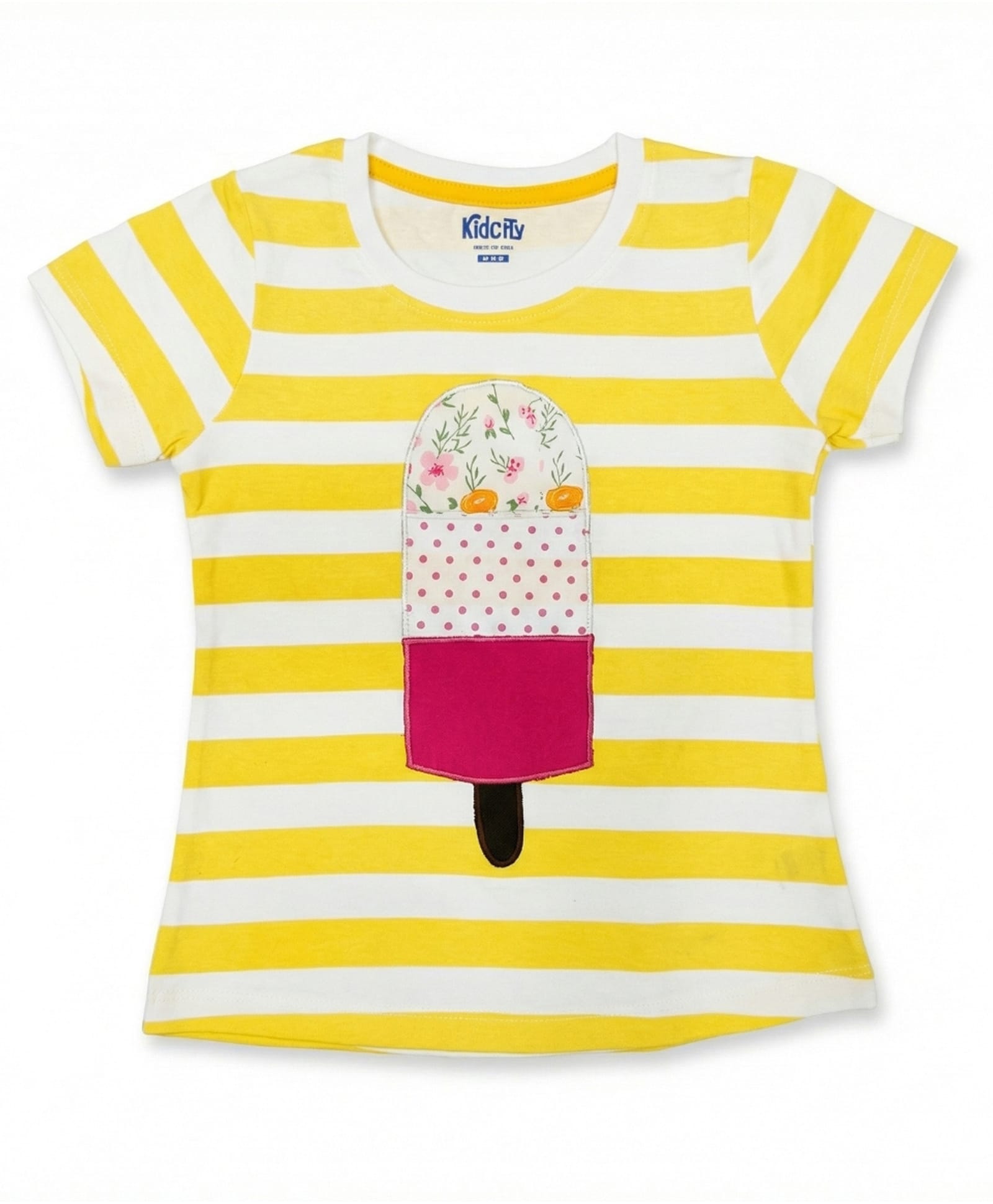 Kidcity Cotton Knit Half Sleeves Striped & Ice Cream Patch Detailed Top - White-picture-15