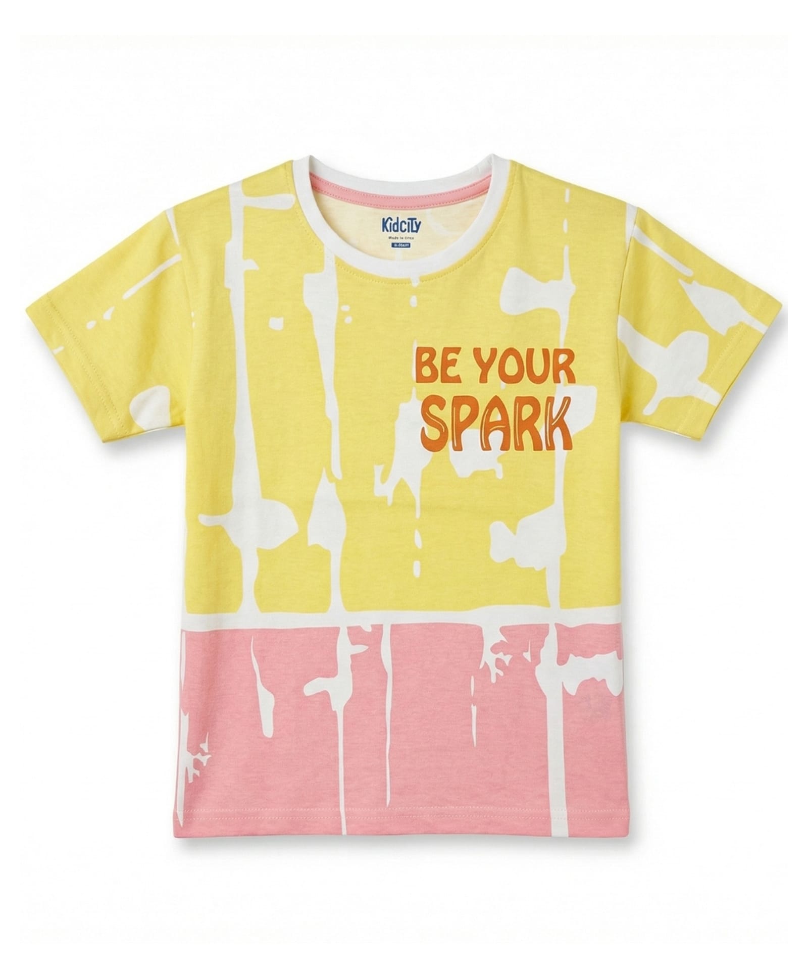 Kidcity Cotton Knit Half Sleeves Colour Blocked & Be Your Spark Text Printed Top - Yellow & Pink-image-25