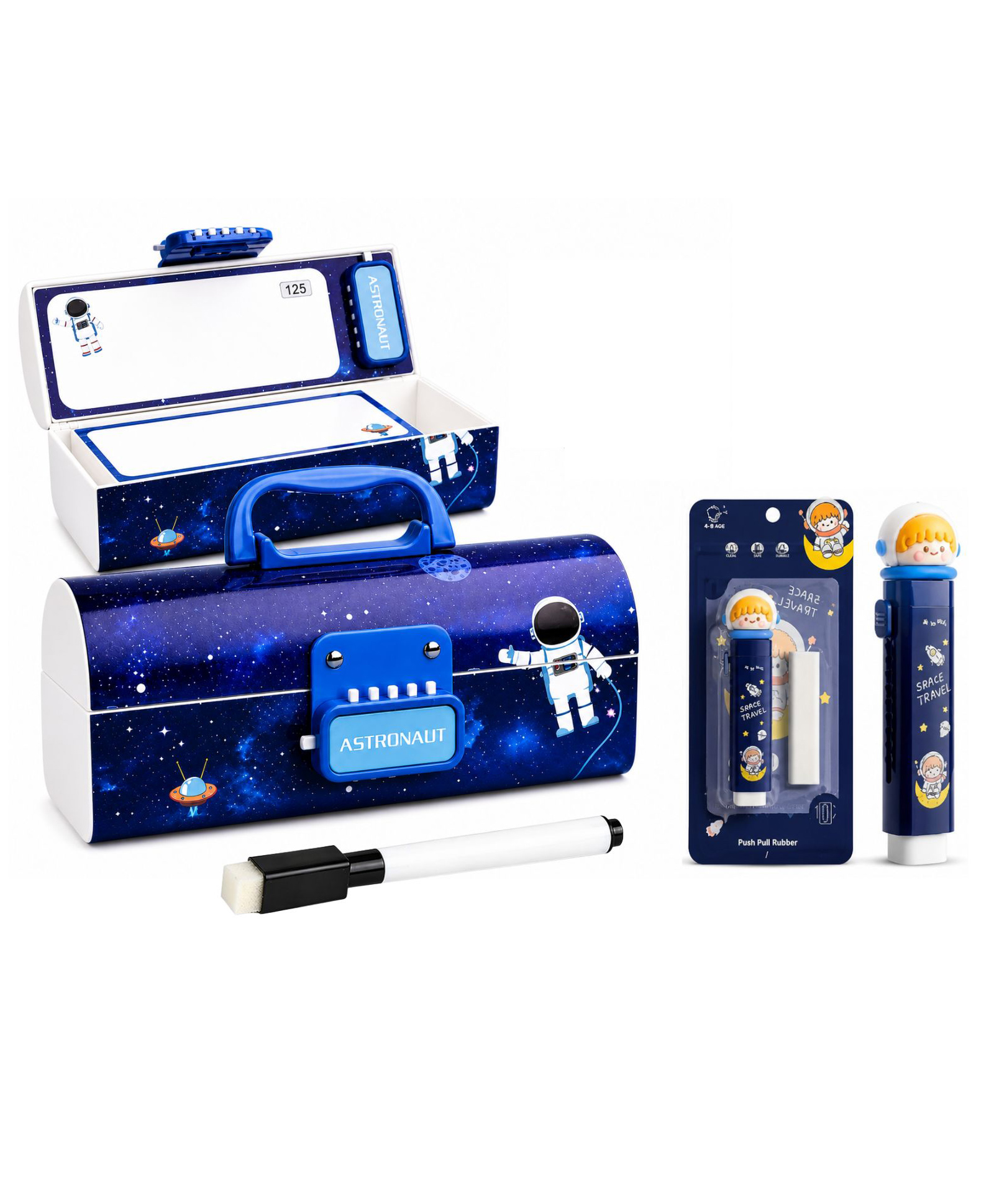 Invite Enterprise Cartoon Theme Pencil Box with Push Pull Eraser Set, Password Lock Stationery Organizer for Kids - Space - Blue-picture-27