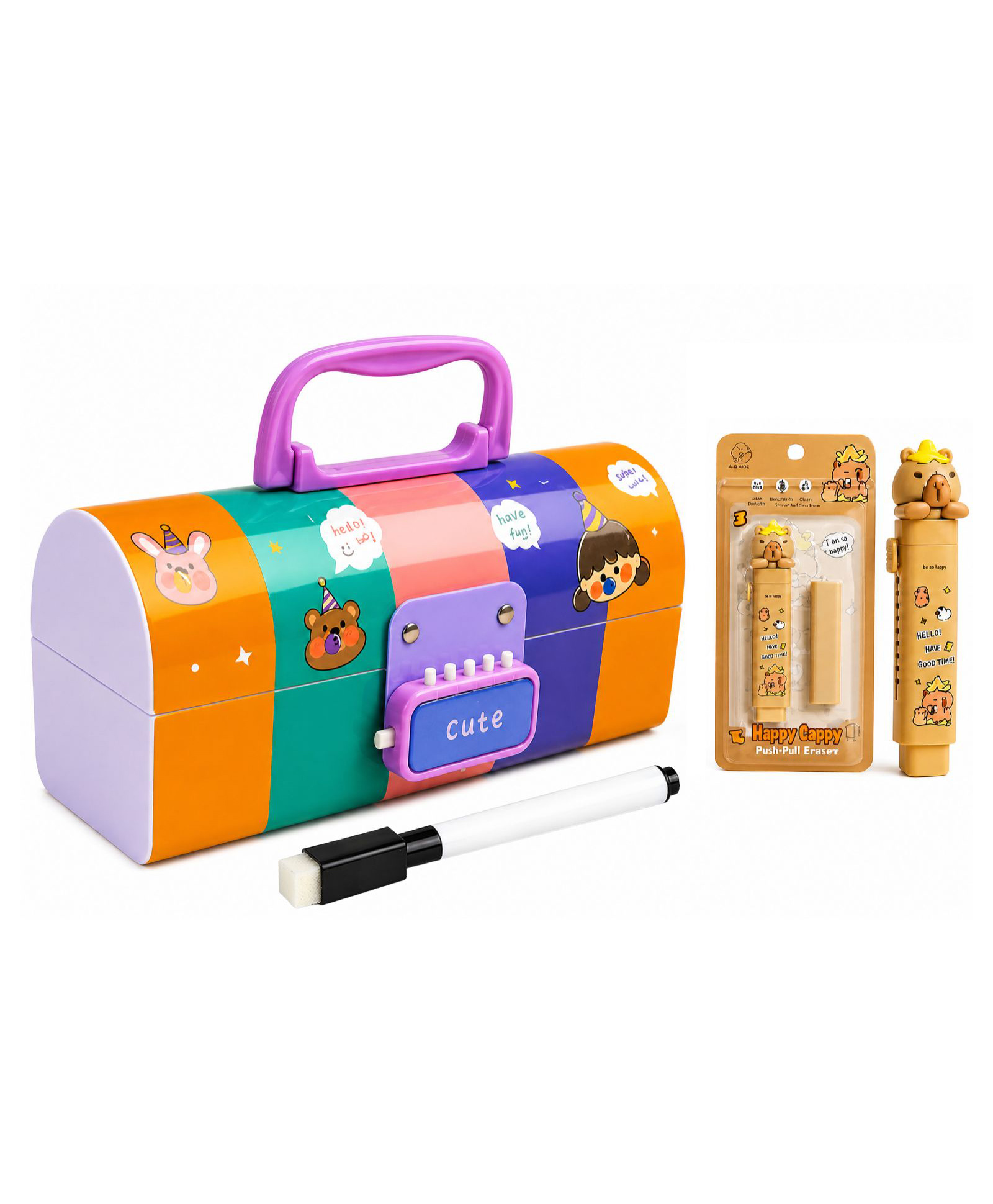 Invite Enterprise Cartoon Theme Password Lock Pencil Box with Push Pull Eraser Set for Kids, Double Compartment Stationery Organizer - Multicolor-image-40