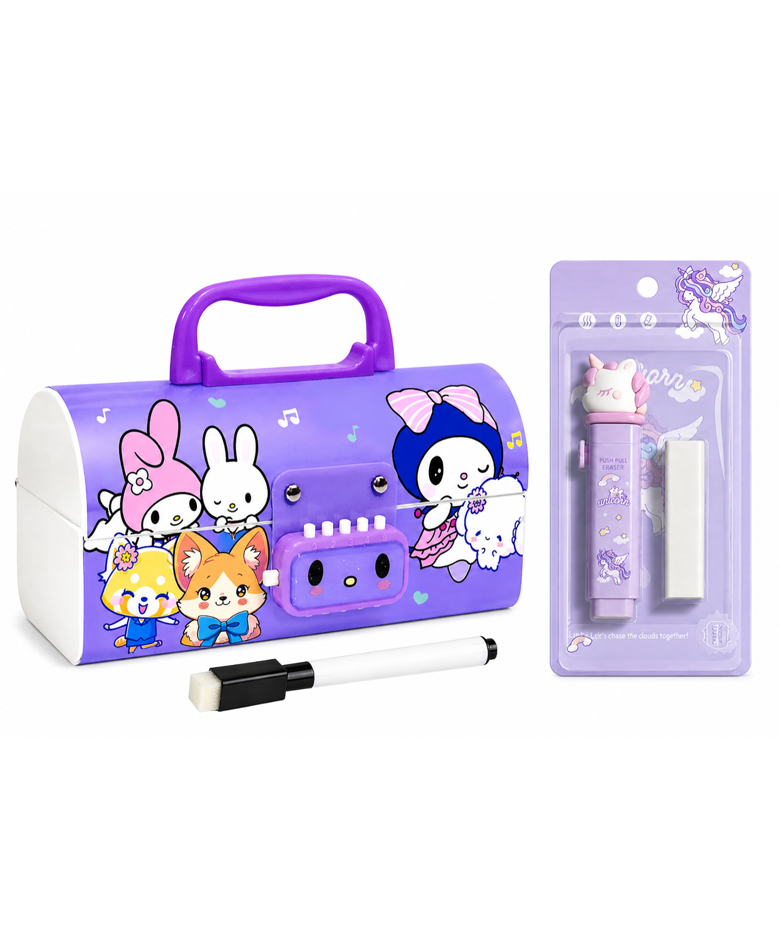 Invite Enterprise Cartoon Theme Suitcase Style Password Lock Pencil Box with Push Pull Eraser Set for Kids - Purple-image-2