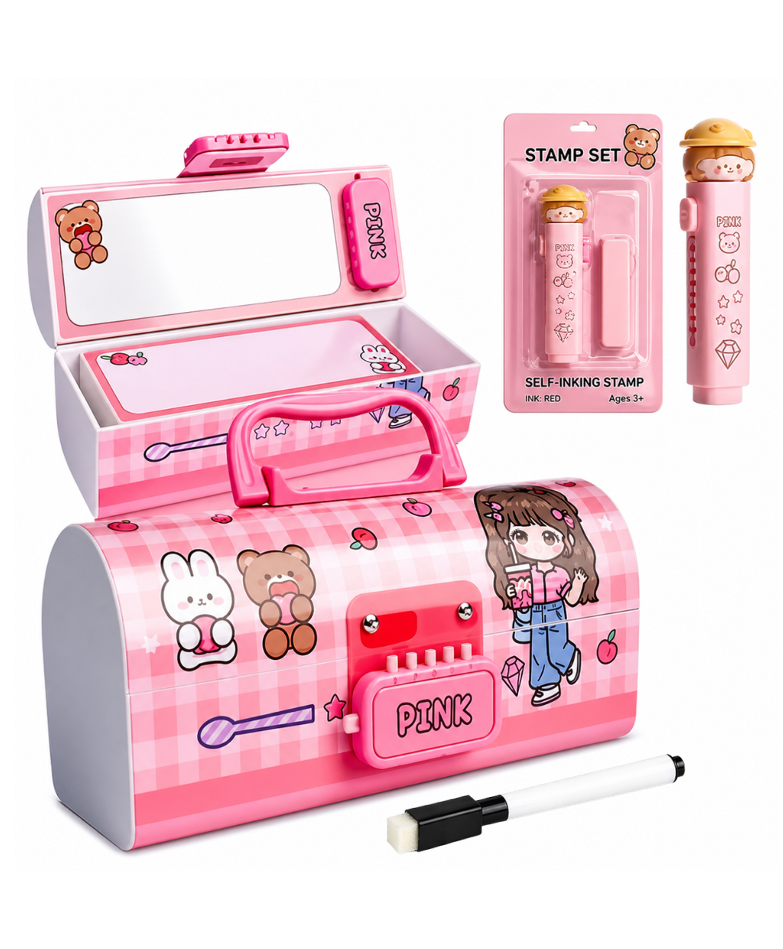 Invite Enterprise Double Combination Lock Pencil Box with Self-Inking Stamp Set for Kids - Pink-picture-15