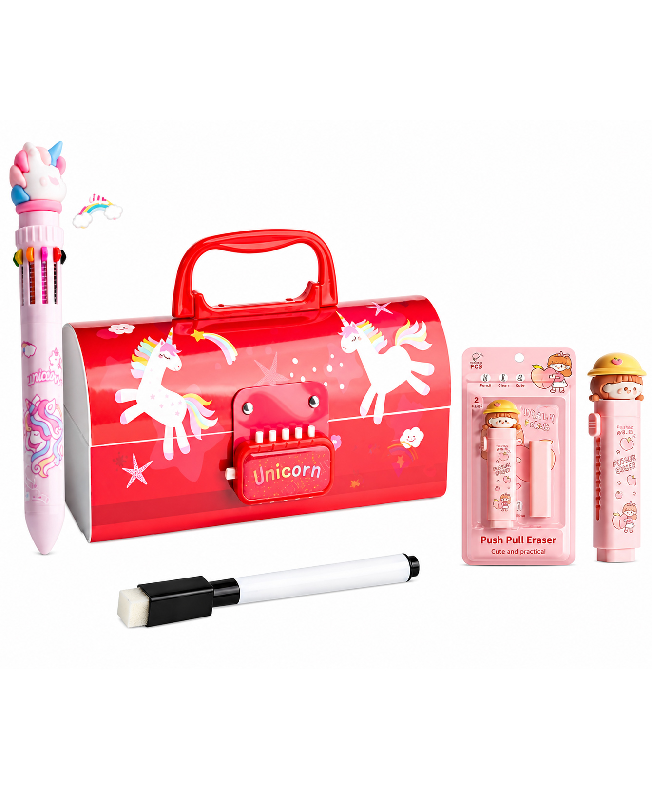 Invite Enterprise Unicorn Password Lock Pencil Box Set with Erasable Whiteboard, Marker Pen & 10-Color Ball Pen for Kids - Red-image-45