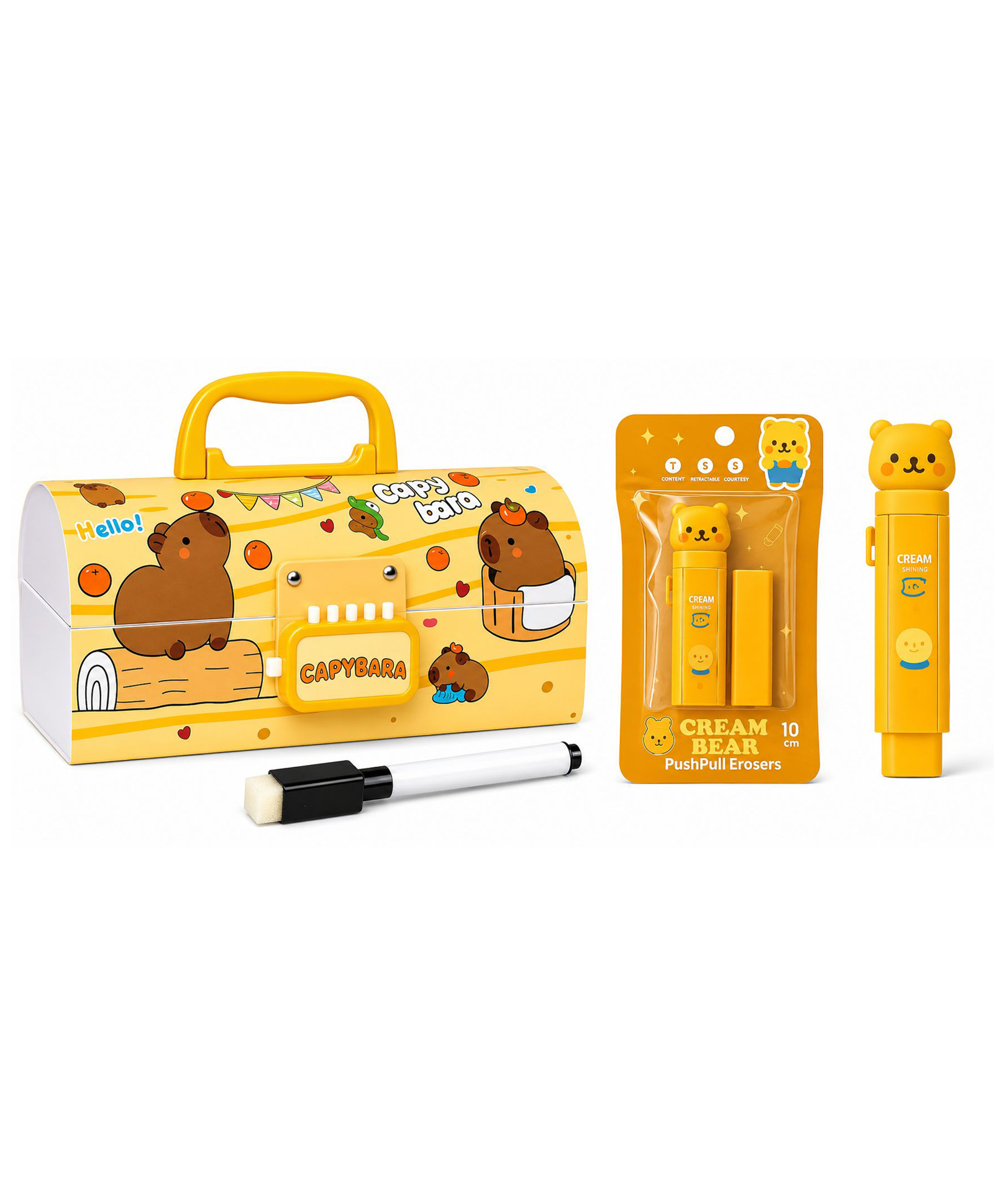 Invite Enterprise Capybara Password Lock Multifunction Pencil Box with Push Pull Eraser Set for Kids - Yellow-image-42