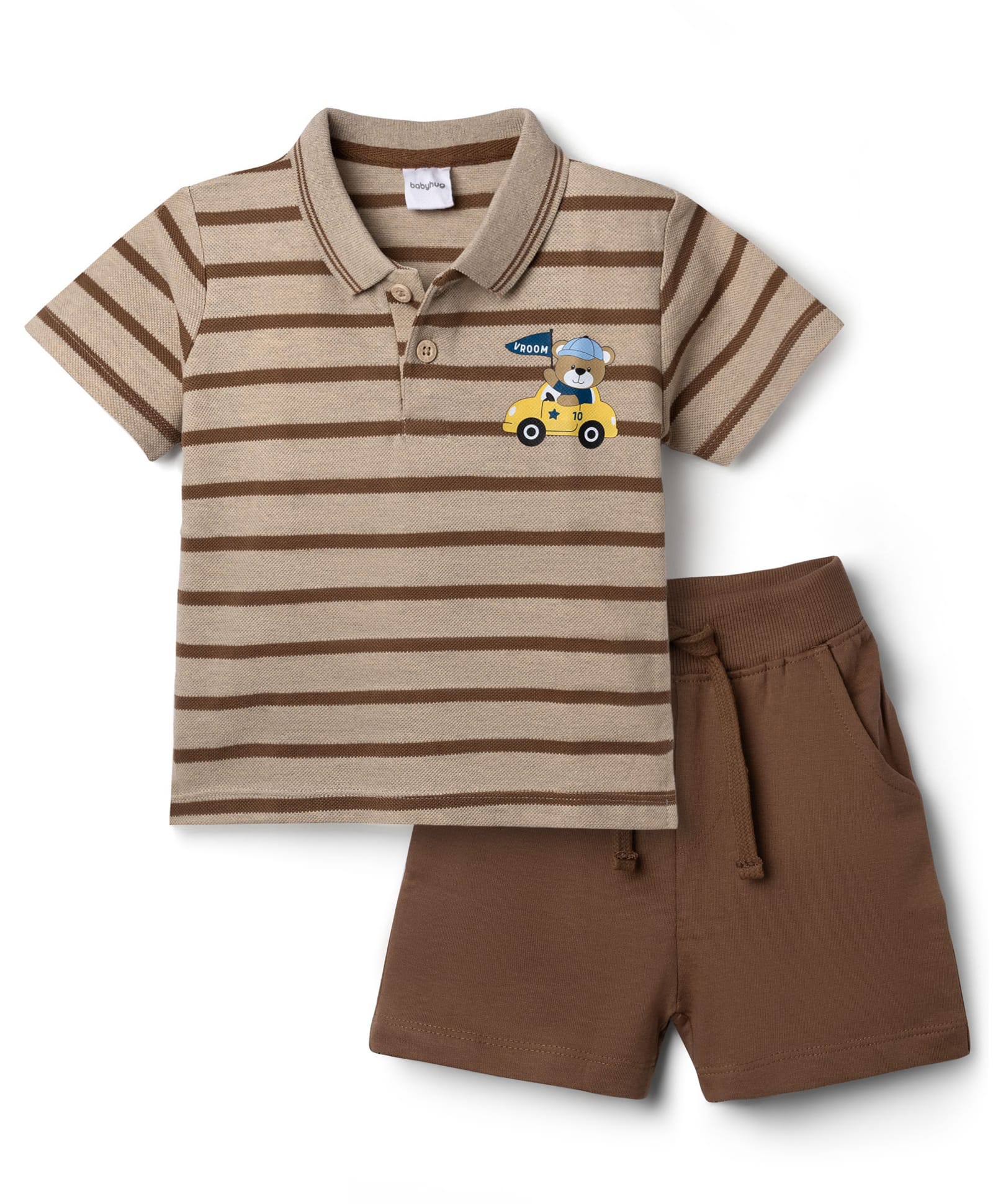 Babyhug Single Jersey Knit Half Sleeves Striped T-Shirt with Shorts Set Vehicle & Teddy Print - Brown-image-29