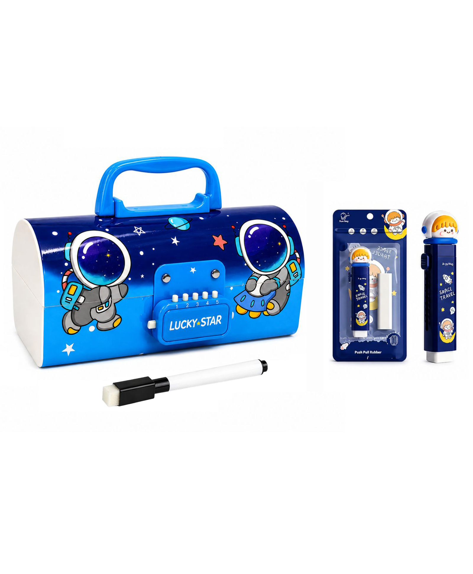 Invite Enterprise Lucky Star Space Theme Multifunction Password Lock Pencil Box with Dry Erase Marker & Eraser Set for Kids - Blue-image-14