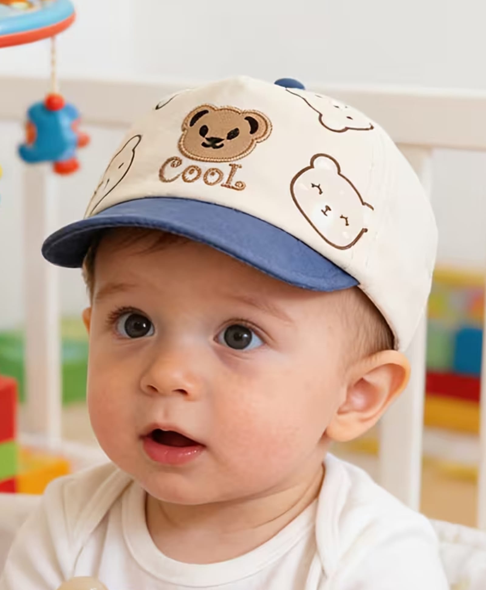Ziory Cotton Woven Bear Face Patch Detailed Cap - Off White - Circumference - 44-48 Cms-picture-22