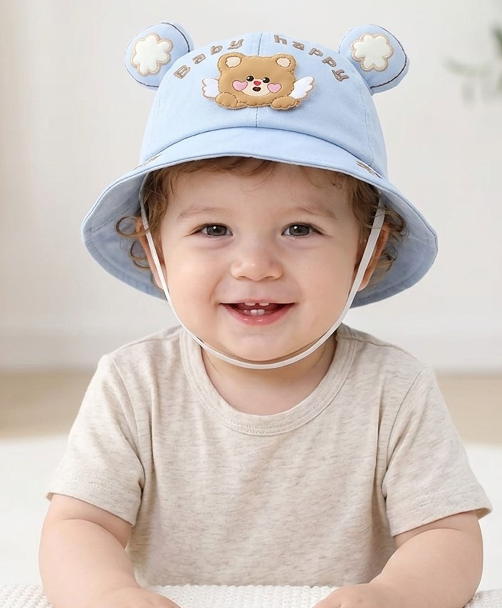 Ziory Cotton Woven Baby Happy Text Embroidered Teddy Applique Detailed Hat - Blue - Circumference 46-50 Cms-image-16