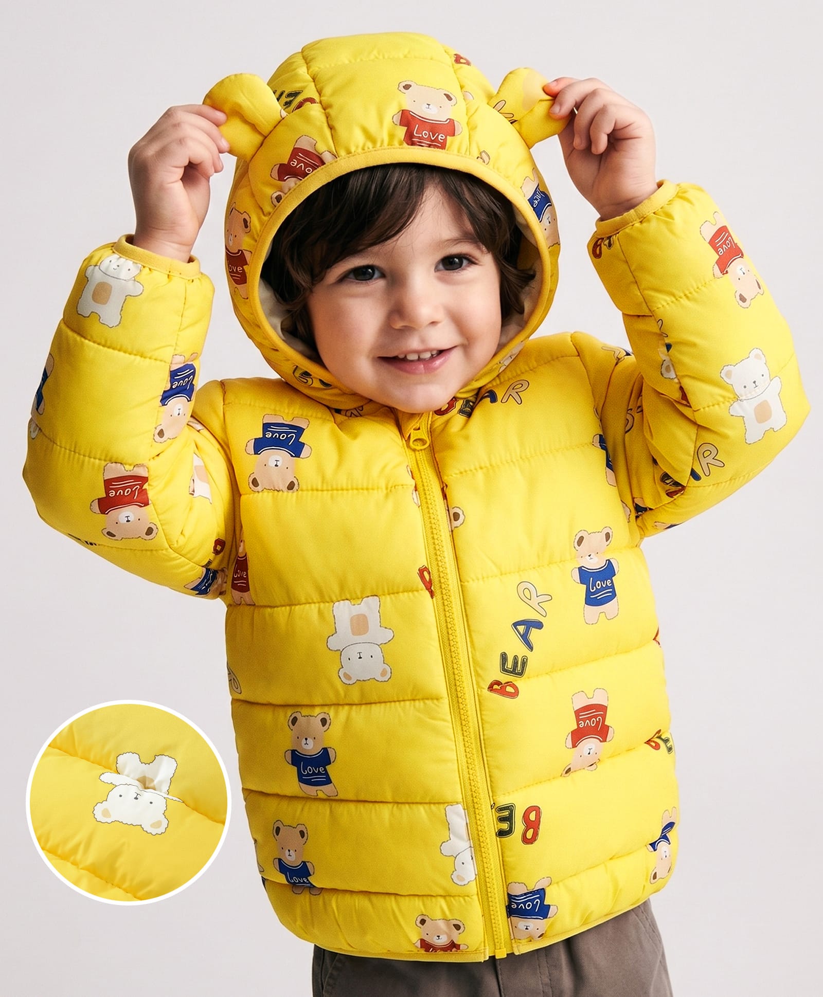 Mark & Mia Full Sleeves Padded/Quilted/ Winter Jacket with Bear Print & Ear Applique - Yellow-picture-18