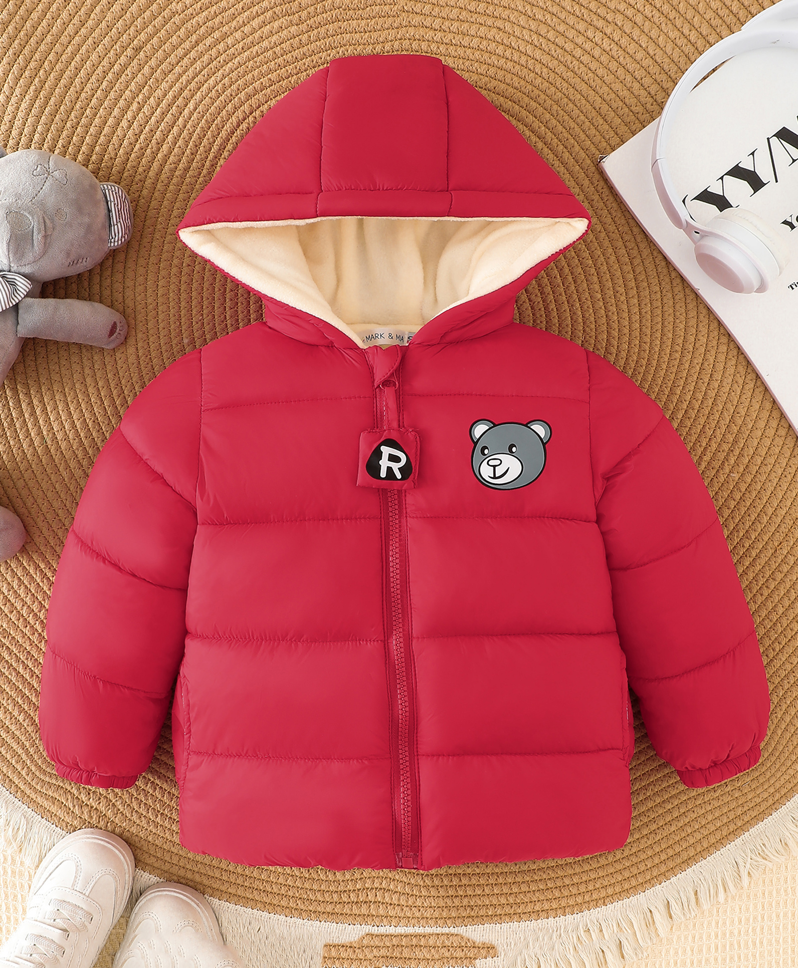 Mark & Mia Padded Winter Jacket with Full Sleeves and Bear Print in Red for 18-24 Months-picture-21