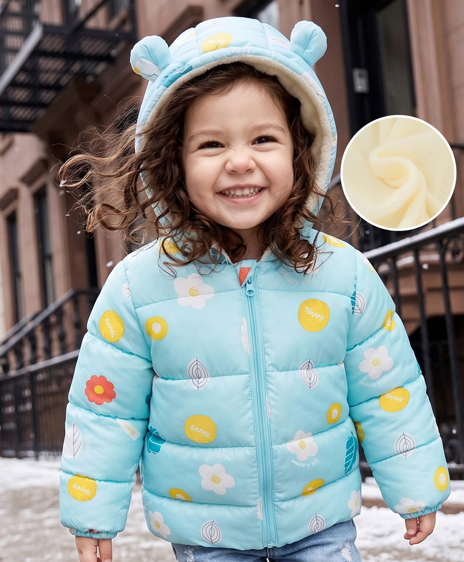 Mark & Mia Full Sleeves Padded/Quilted/ Winter Jacket with Floral Print & Ear Applique - Light Blue-picture-14
