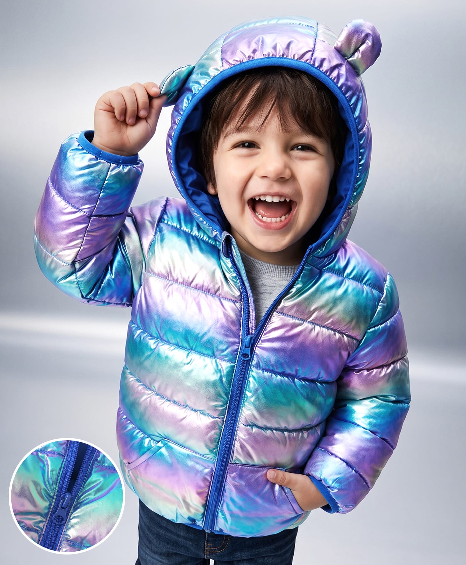 Mark & Mia Full Sleeves Padded/Quilted/ Winter Jacket With Ombre Print & Ear Applique - Navy Blue-image-32