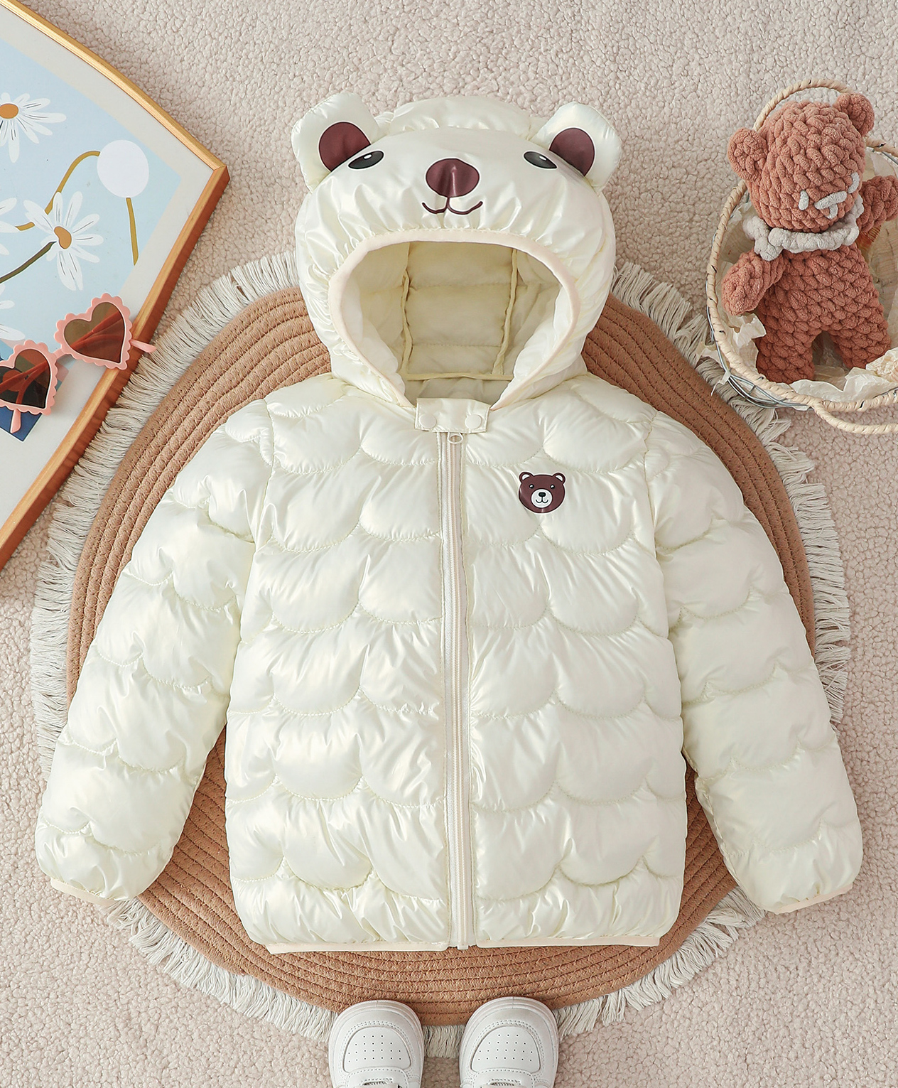 Mark & Mia Full Sleeves Hooded Padded Quilted Jacket with Bear Applique - Cream-image-20