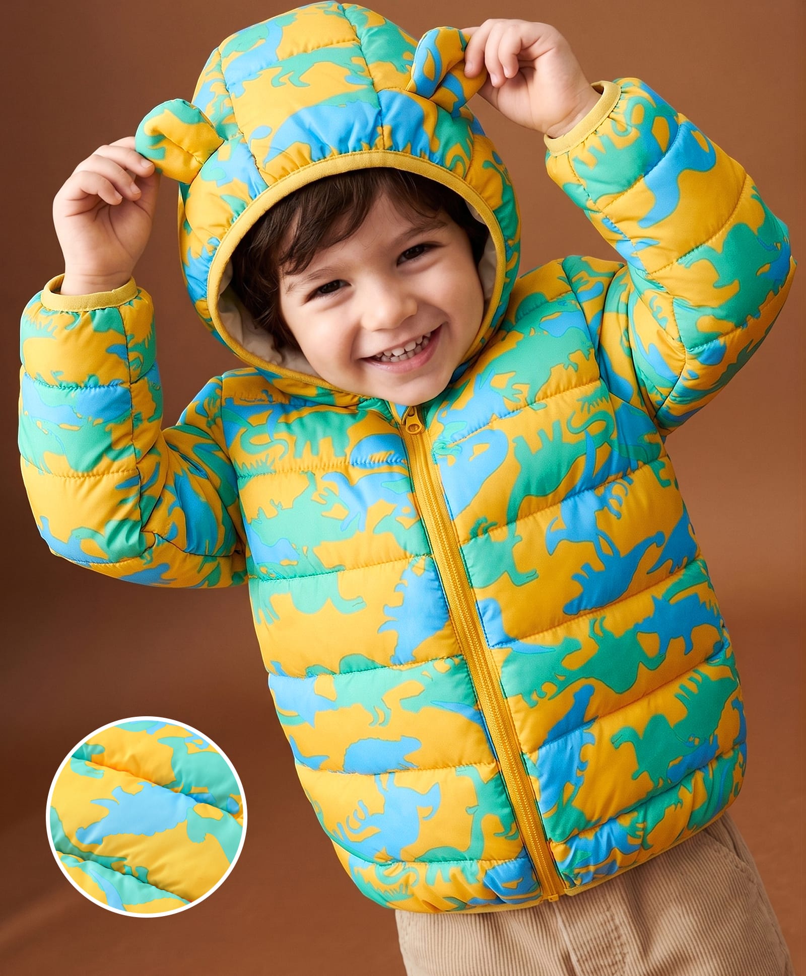 Mark & Mia Full Sleeves Padded/Quilted/ Winter Jacket with Dino Print & Ear Applique - Yellow-picture-22