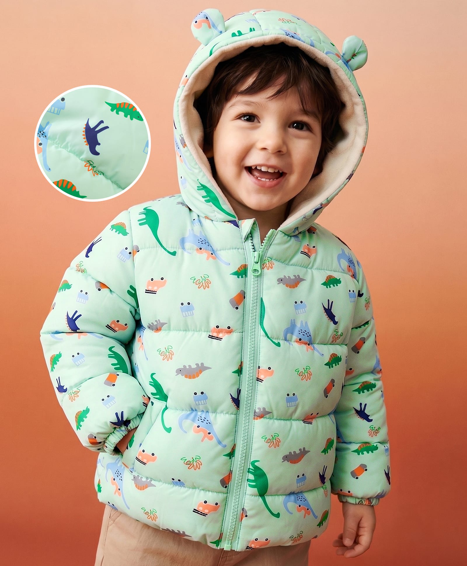 Mark & Mia Full Sleeves Padded/Quilted/ Winter Jacket with Dinosaur Print & Ear Applique - Green-picture-10