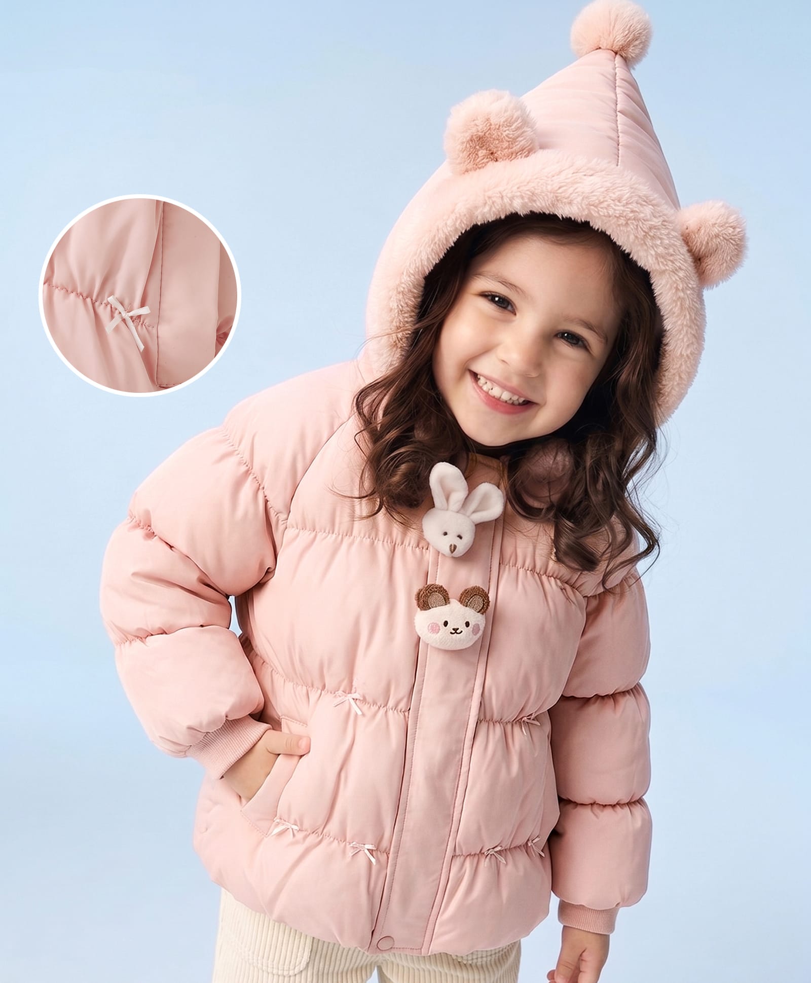 Mark & Mia Full Sleeves Solid Hooded Padded Jacket With Bunny Applique - Pink-image-27