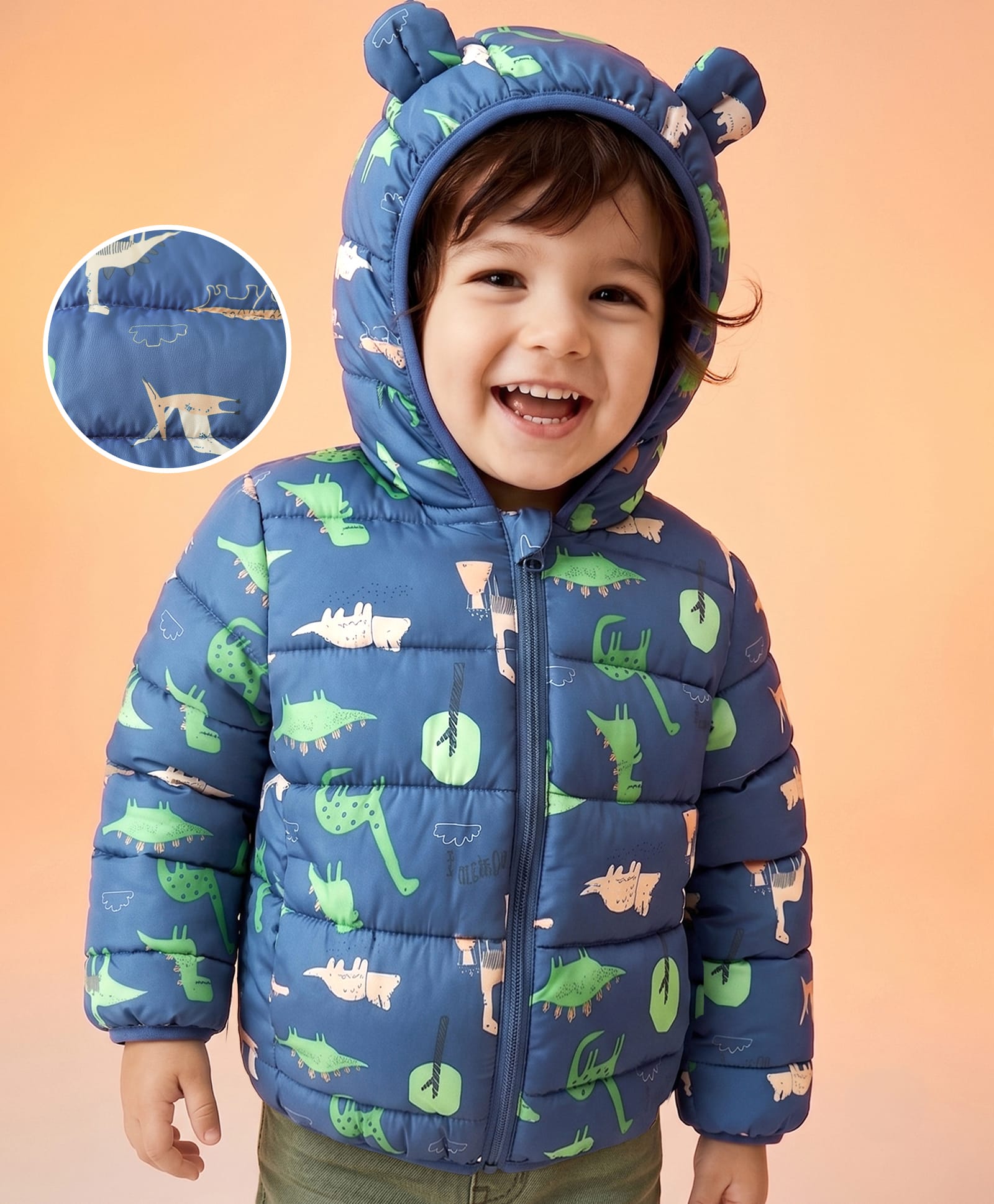 Mark & Mia Full Sleeves Padded/Quilted/ Winter Jacket with Dinosaur Print & Ear Applique - Navy Blue-image-31
