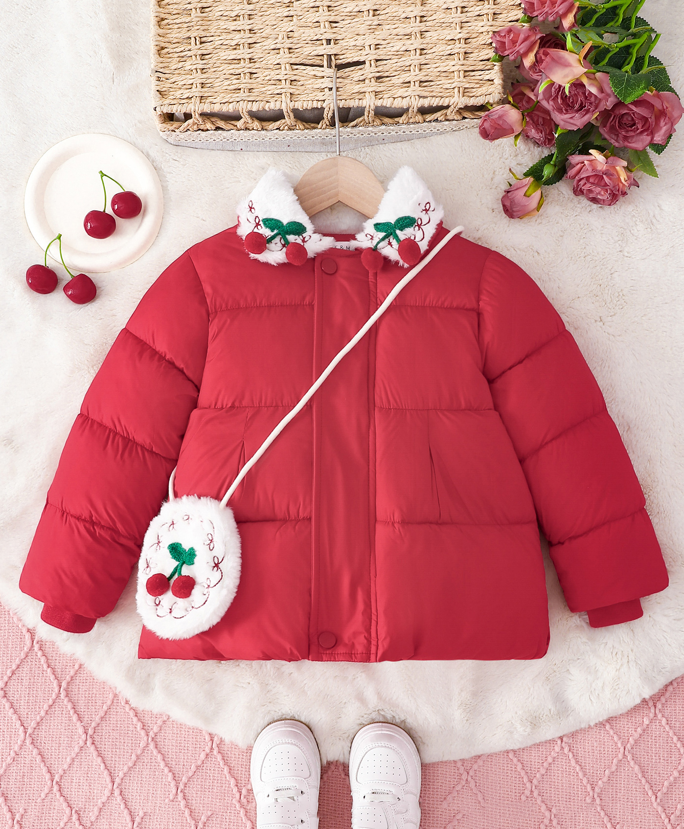 Mark & Mia Full Sleeves Solid Padded Jacket With Bow Embroidered & Cherry Applique & Sling Bag - Red-image-39