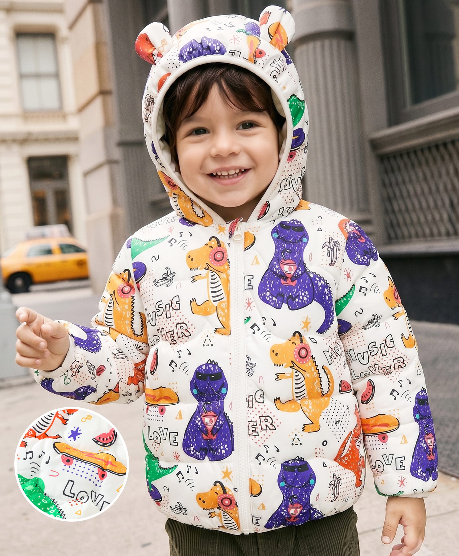 Mark & Mia Full Sleeves Padded/Quilted/ Winter Jacket with Dinosaur Print & Ear Applique - White-picture-15