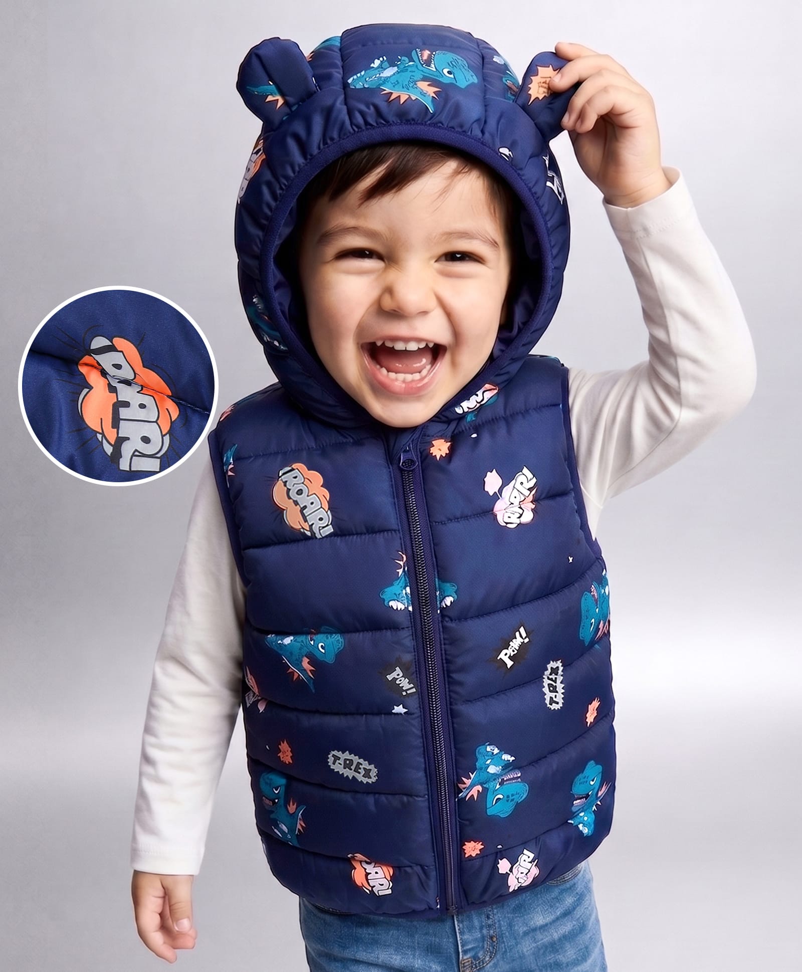Mark & Mia Sleeveless Padded/Quilted/ Winter Jacket with Dinosaur Print & Ear Applique - Navy Blue-picture-11