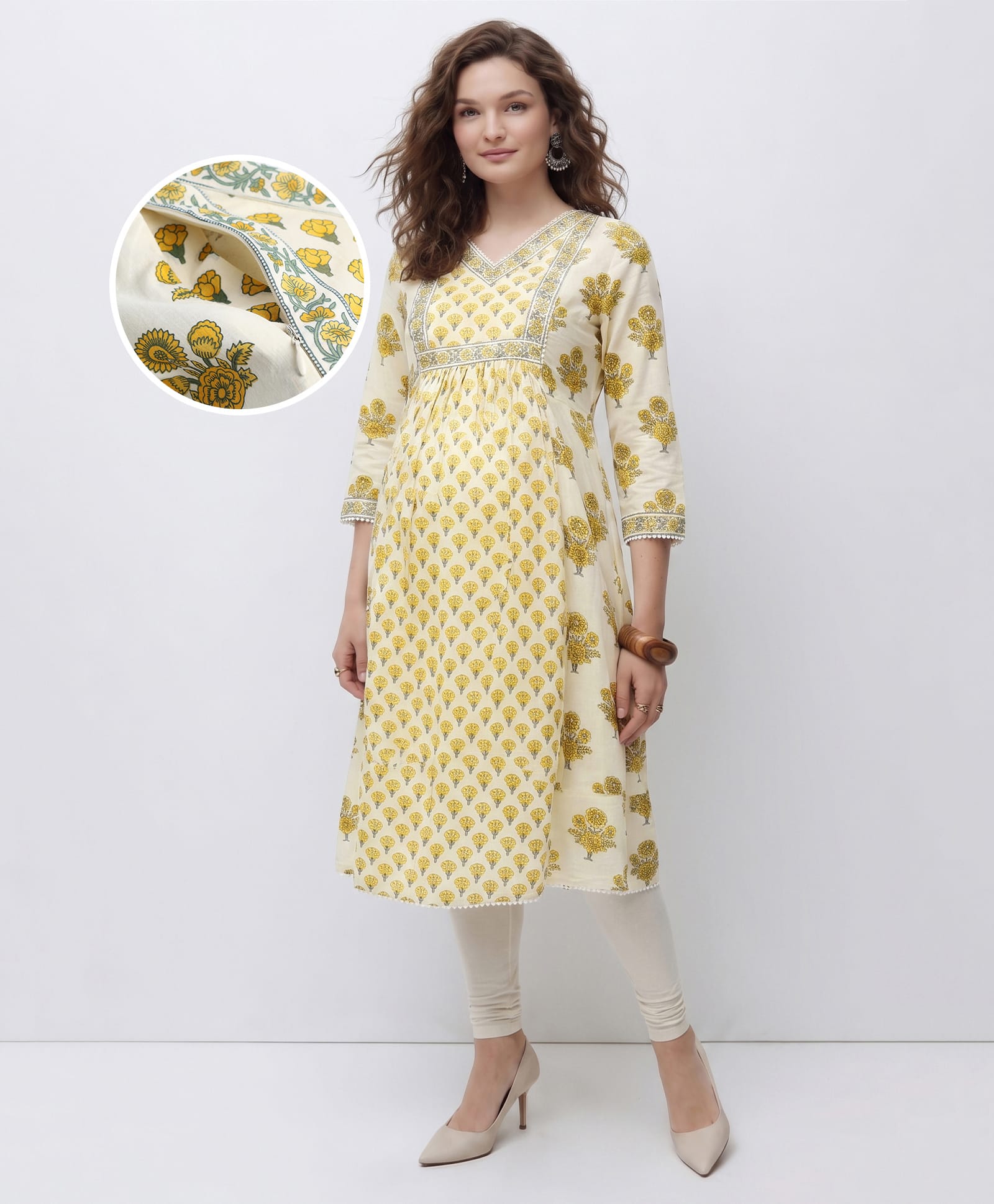 Bella Mama Woven Three Fourth Sleeves Maternity Kurta With MIx & Match Floral Print - Yellow-picture-19