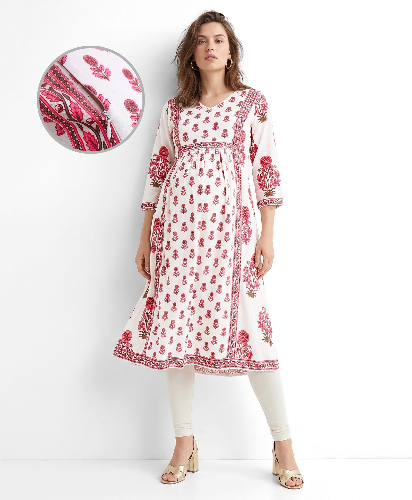 Bella Mama Woven Three Fourth Sleeves Maternity Kurta With Highlighted Neck & Floral Printed - White-picture-10