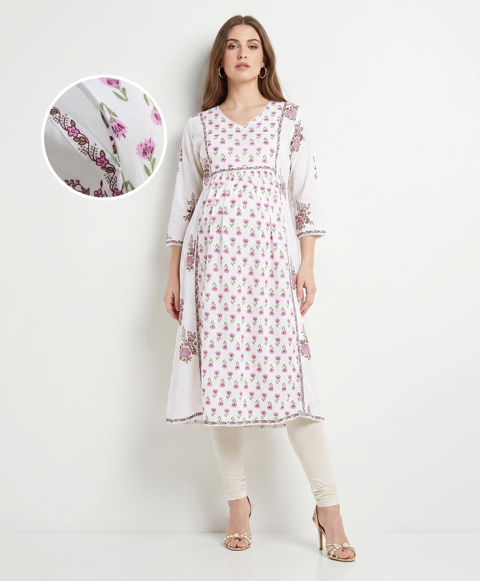 Bella Mama Woven Three Fourth Sleeves Maternity Kurta With Highlighted Neck & Floral Printed - White-picture-11
