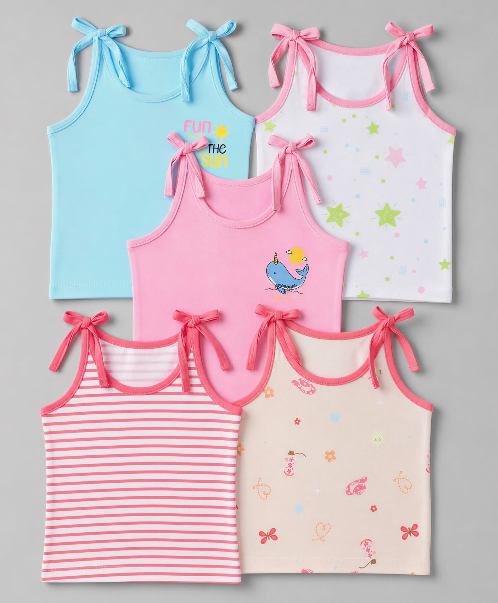 OHMS Single Jersey Knit Sleeveless Striped & Star Printed Slips Pack of 5 -Pink & White-picture-11