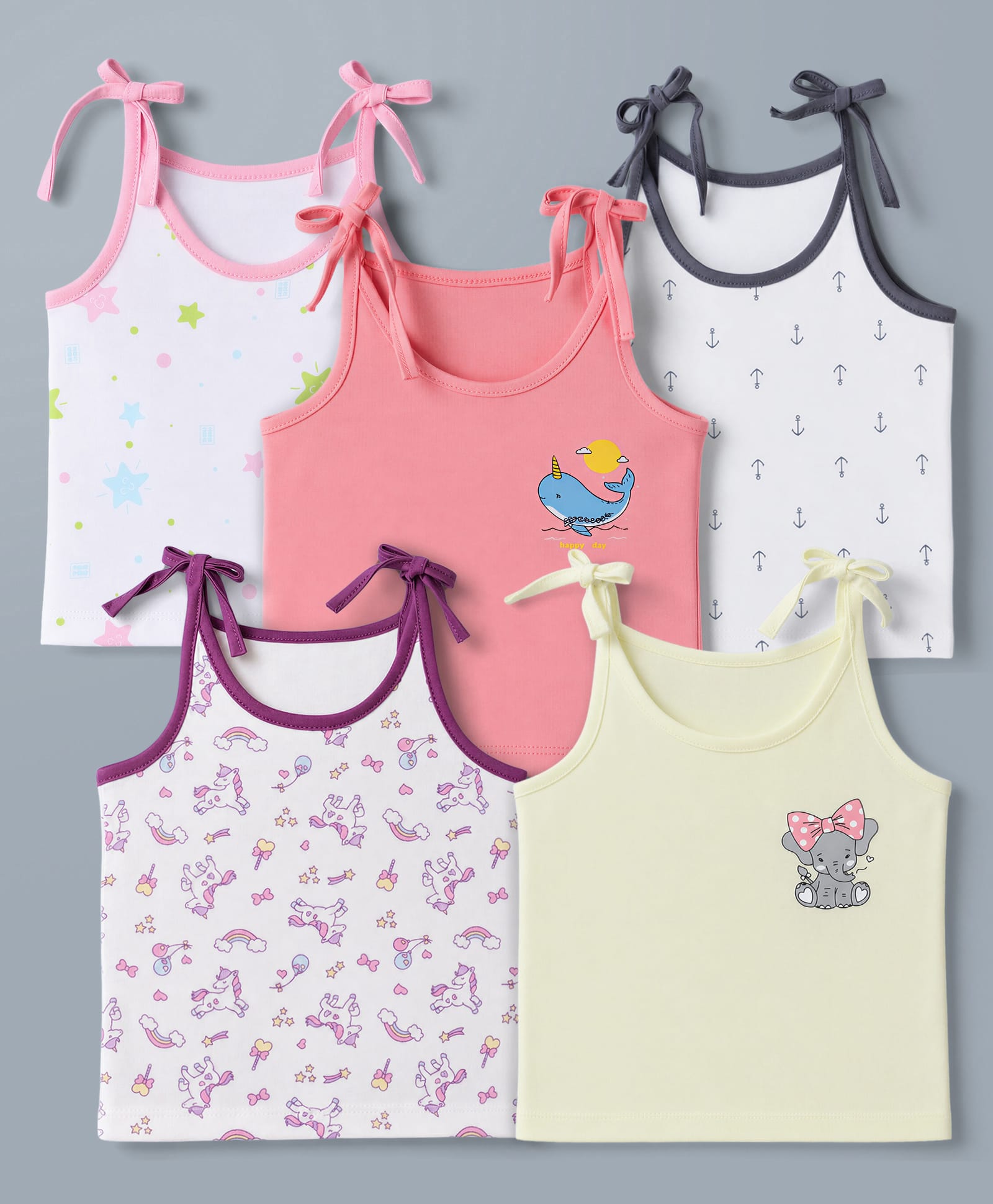 OHMS Single Jersey Knit Sleeveless Unicorn Animal & Anchor Printed Slips Pack of 5 -Pink & White-picture-28