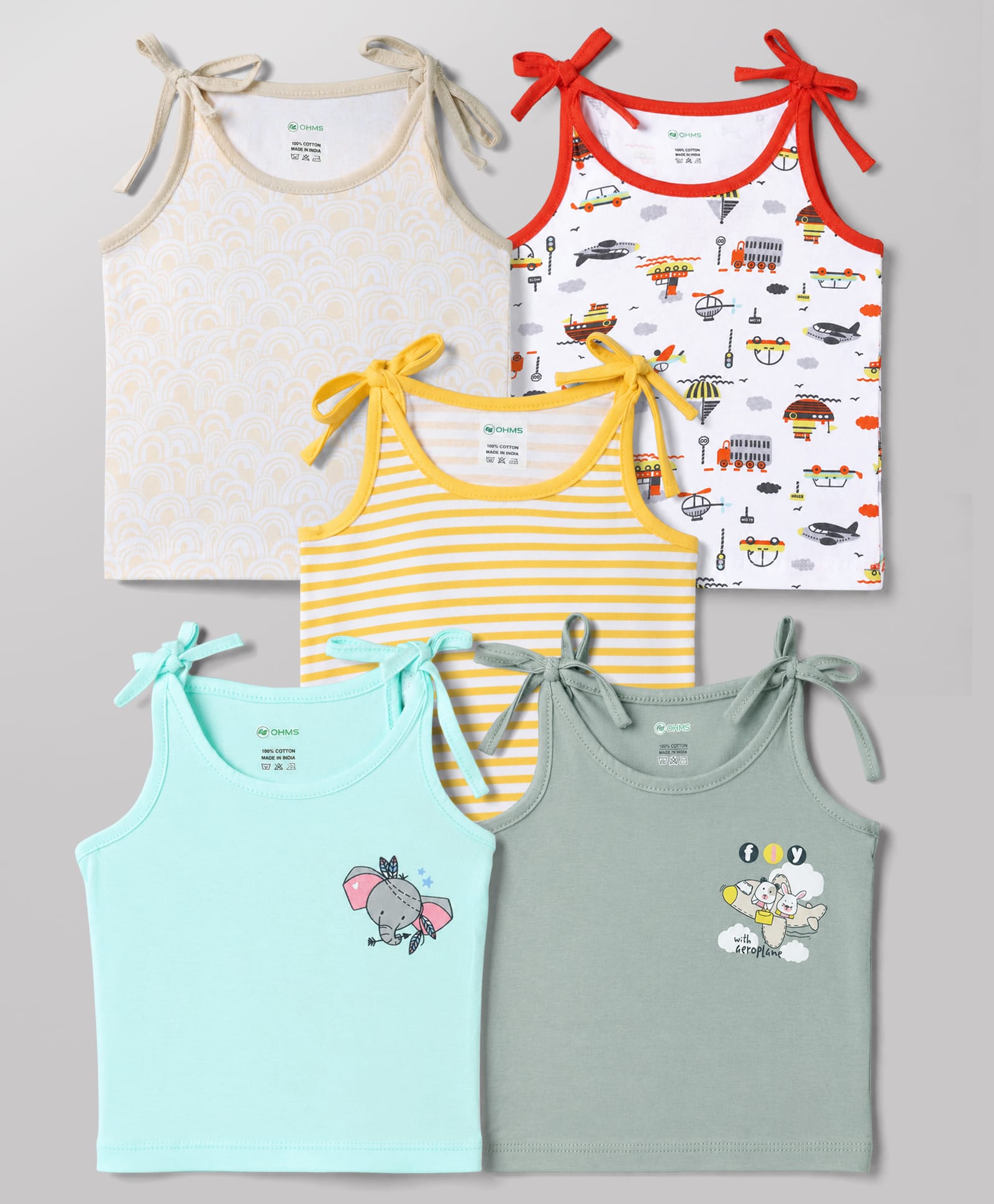 OHMS Single Jersey Knit Sleeveless Animals & Boat Printed Slips Pack of 5 - White Aqua & Grey-picture-24