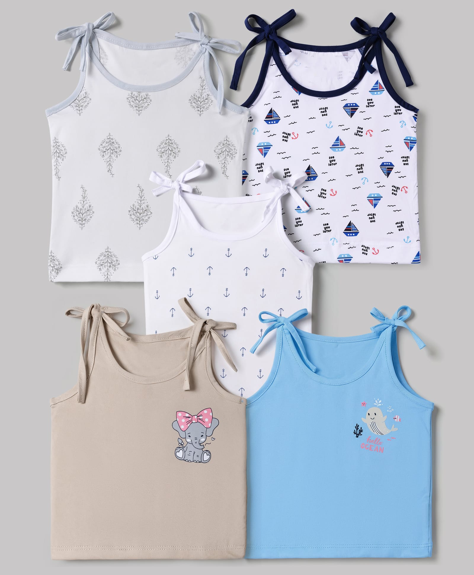 OHMS Single Jersey Knit Sleeveless Slips with Floral Animals & Boat Print Pack of 5 -White & Light Blue-picture-15