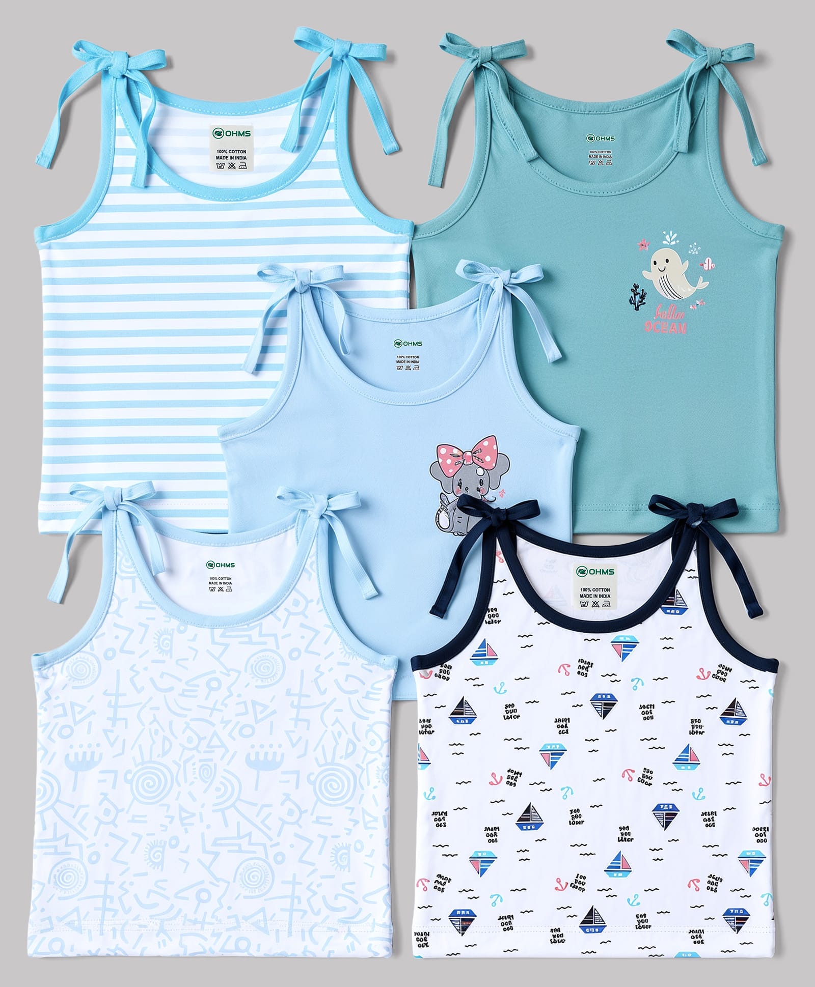 OHMS Single Jersey Knit Sleeveless Slips with Stripes Animals & Boat Print Pack of 5 -White & Light Blue-picture-16